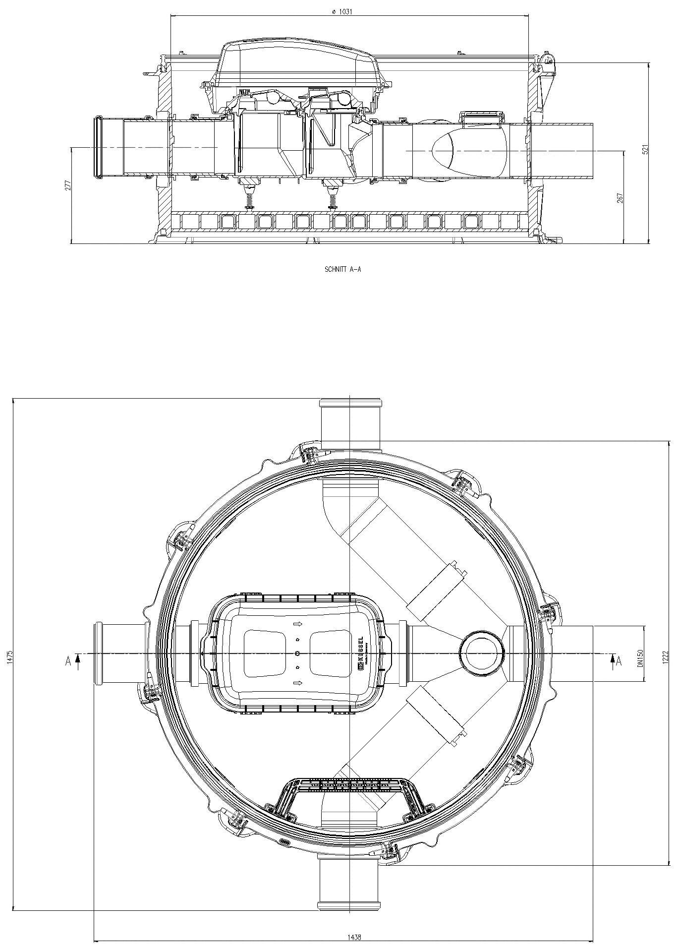 KESSEL-Rückstau-Technikmodul Controlfix DN 150, zwei Zuläufe in Fließrichtung