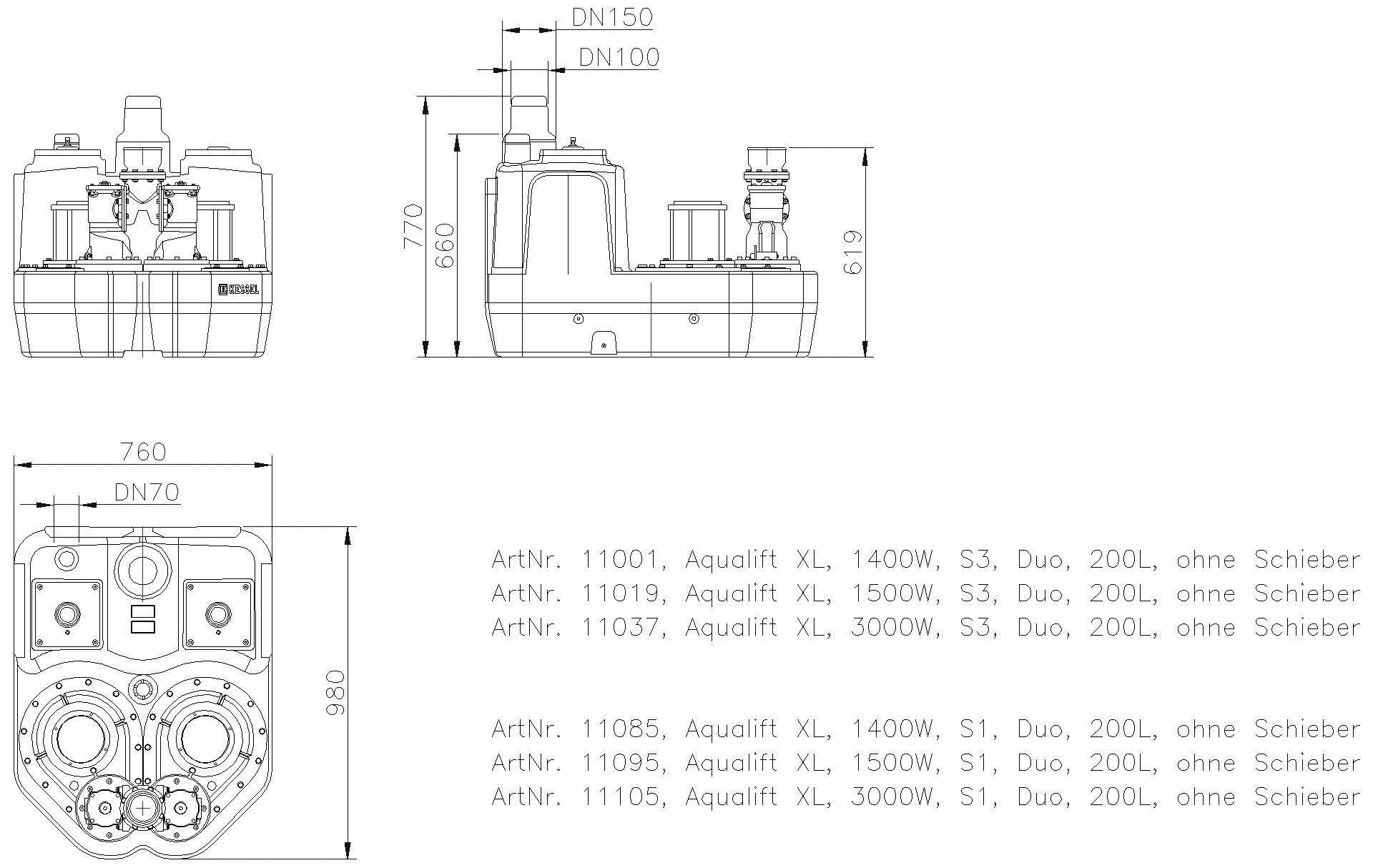 KESSEL-Doppelhebeanlage Aqualift F XL 1500W-S1 Duo 200L o.S.