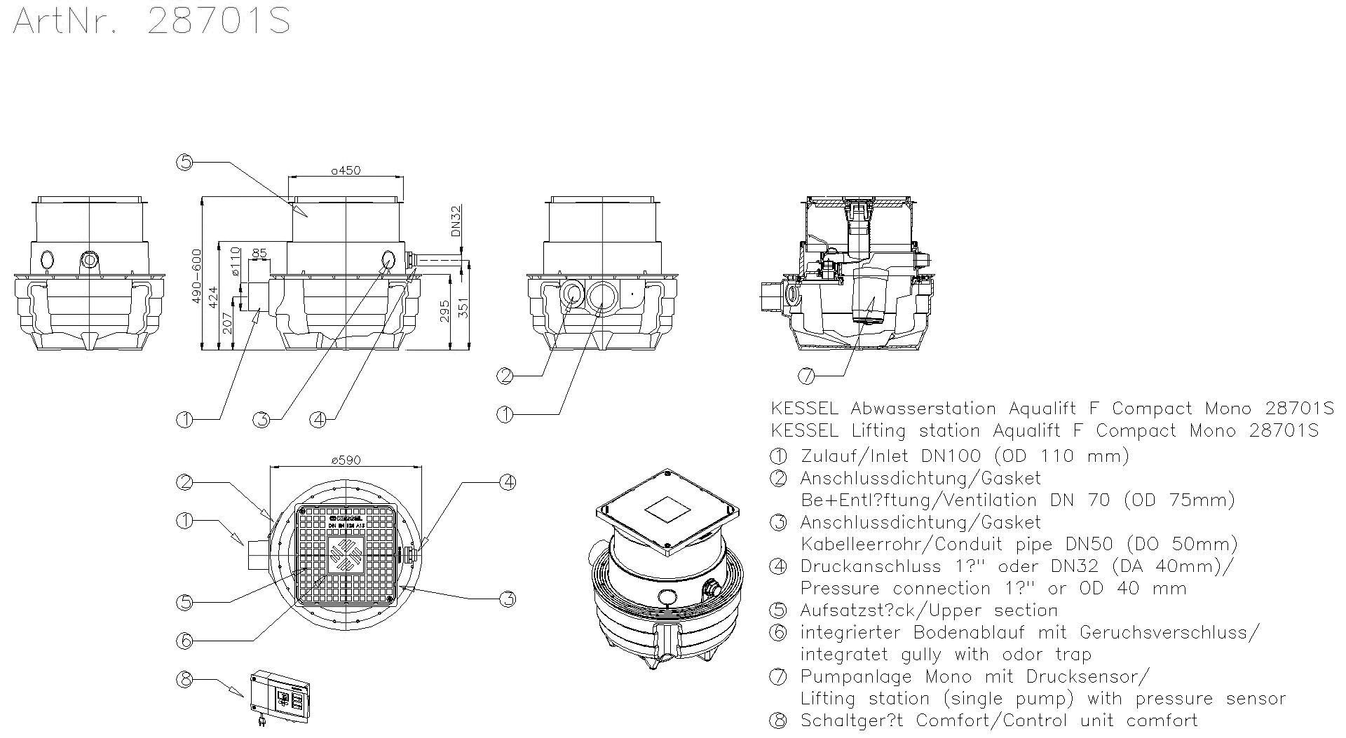 KESSEL-Hebeanlage Aqualift F Compact Mono mit Comfort-Schaltgerät