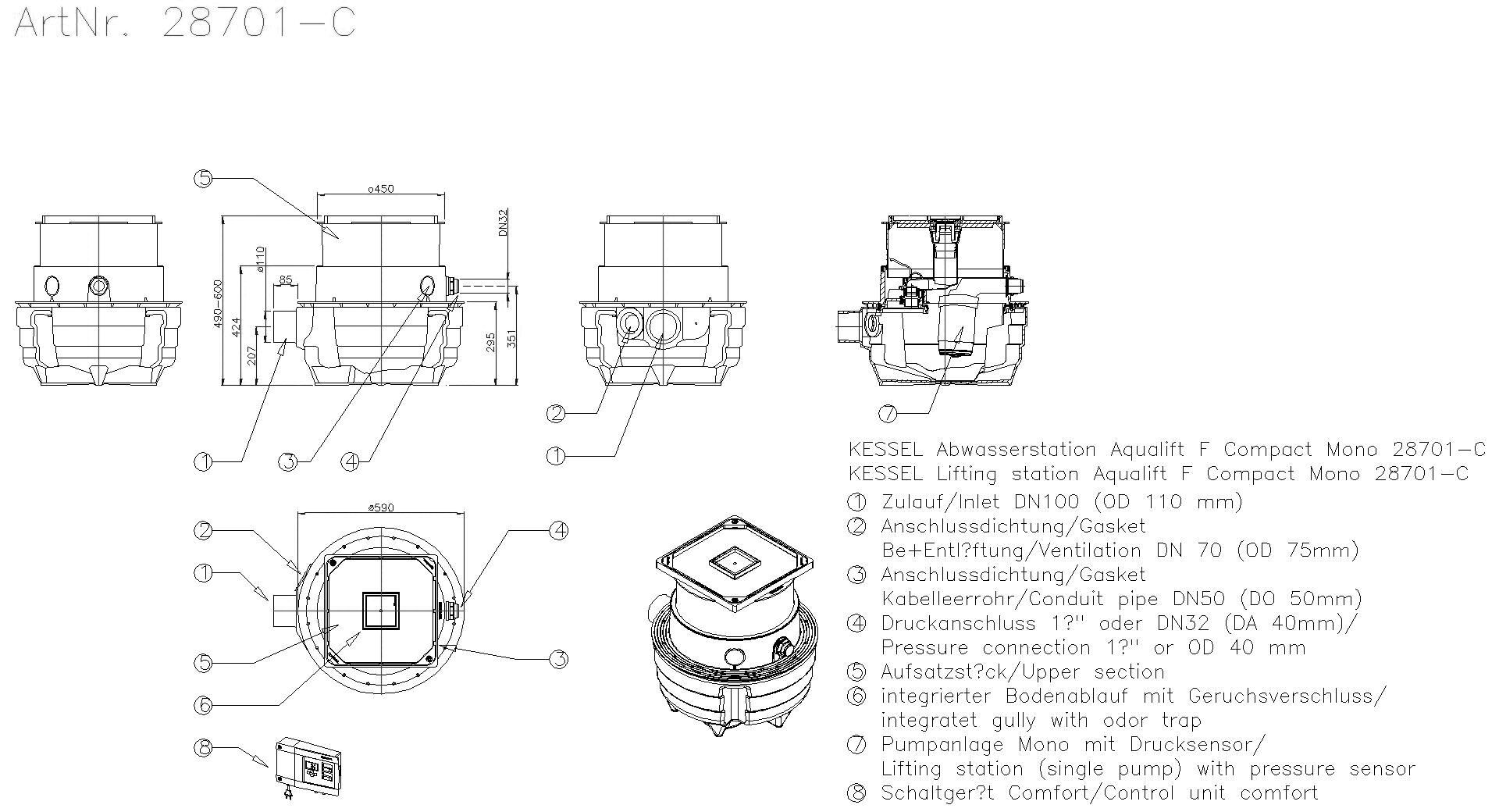 KESSEL-Hebeanlage Aqualift F Compact Mono, SPZ 1000-S3, Bodenpl., befliesbar