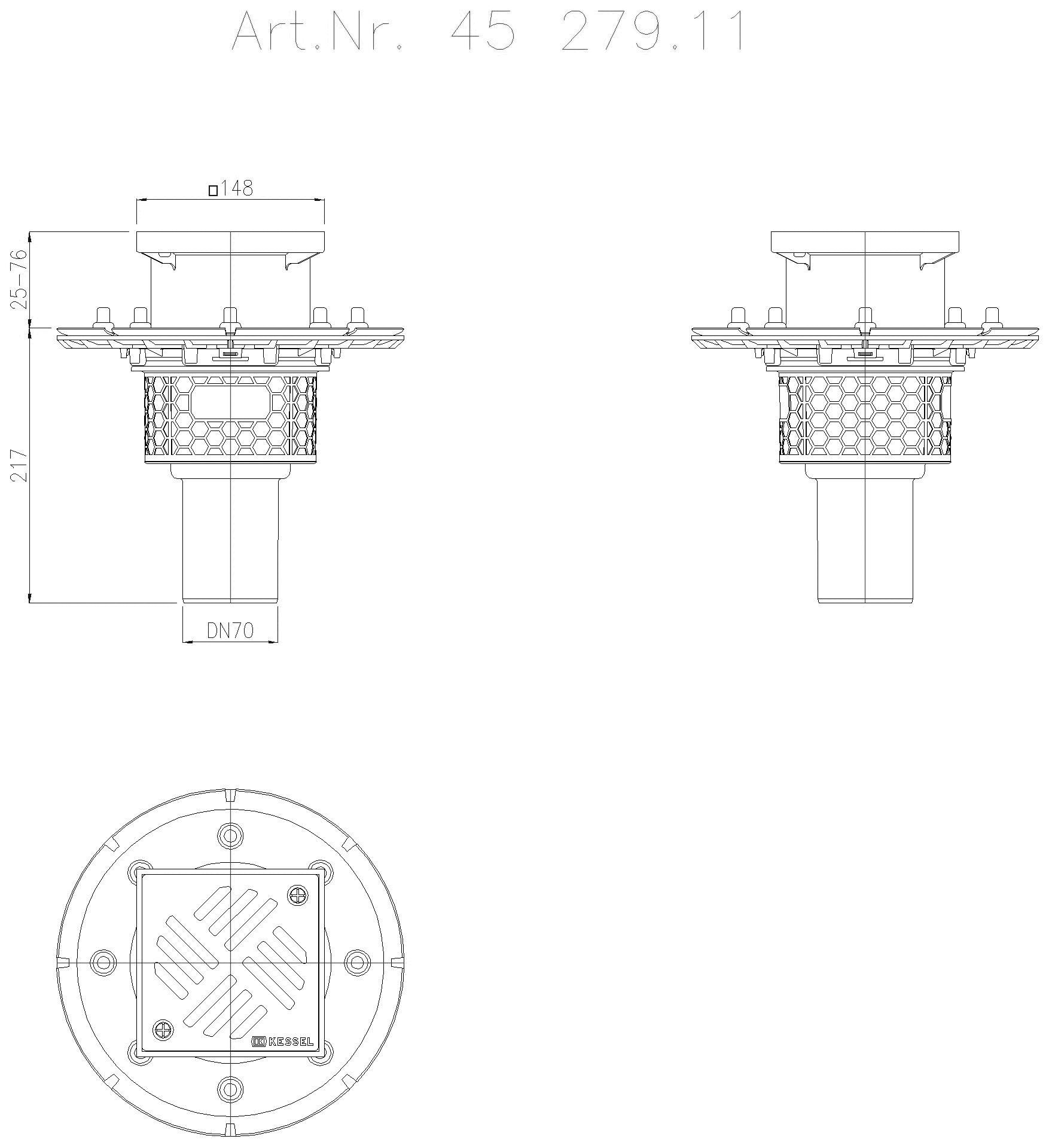 KESSEL-Objektablauf Practicus Pressfl. DN70 senkr., Schlitzrost Edst.