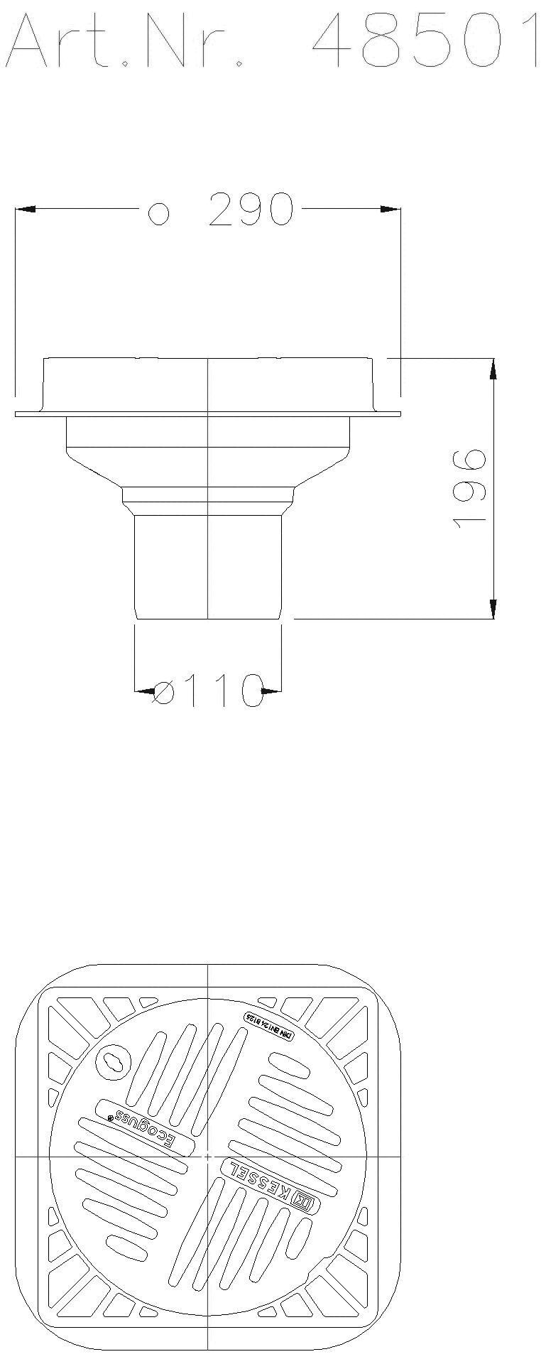 KESSEL-Parkdeckablauf DN 100, eckig, Anschluss SML-Rohr