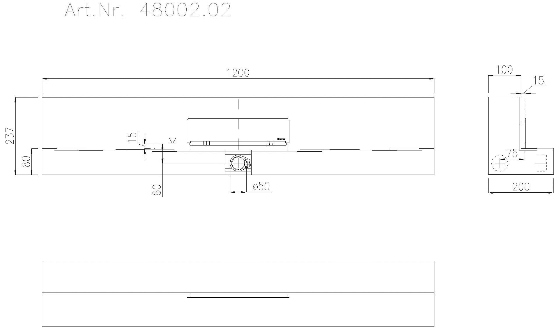 KESSEL-Einbauboard Wandablauf Scada 1200mm, mAbd Edelstahl, Fliese bis 10 mm