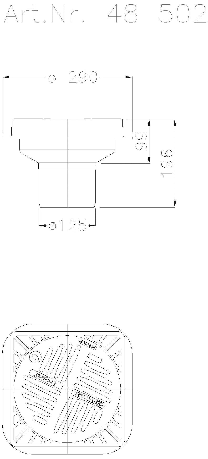 KESSEL-Parkdeckablauf DN 125, eckig, Anschluss Kunststoffrohr