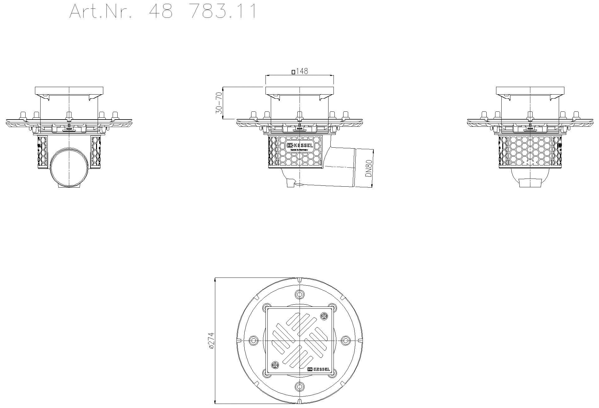 KESSEL-Objektablauf Ecoguss Pressfl. DN 80, seitlich, Schlitzrost