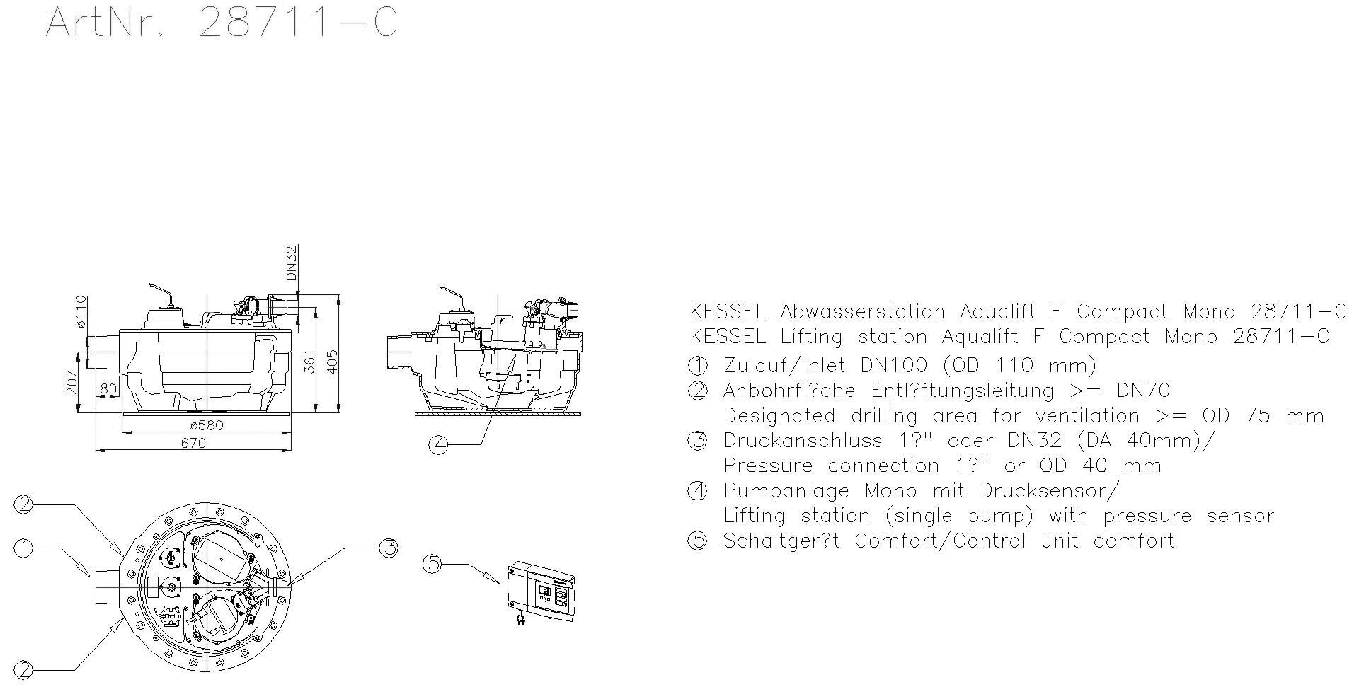 KESSEL-Hebeanlage Aqualift F Compact Mono, SPZ 1000, freie Aufstellung