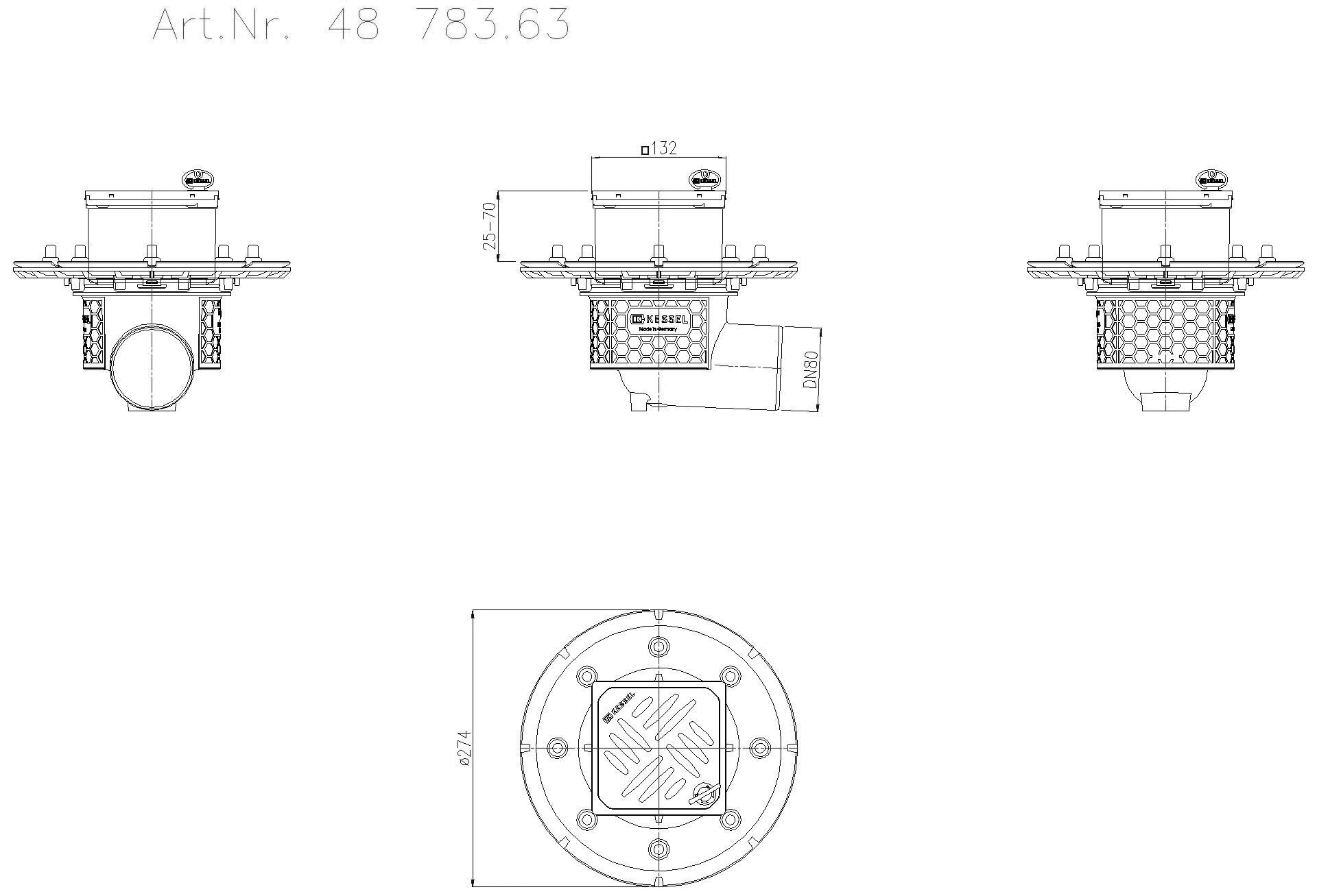 KESSEL-Objektablauf Ecoguss Pressfl. DN 80, seitlich, Designrost