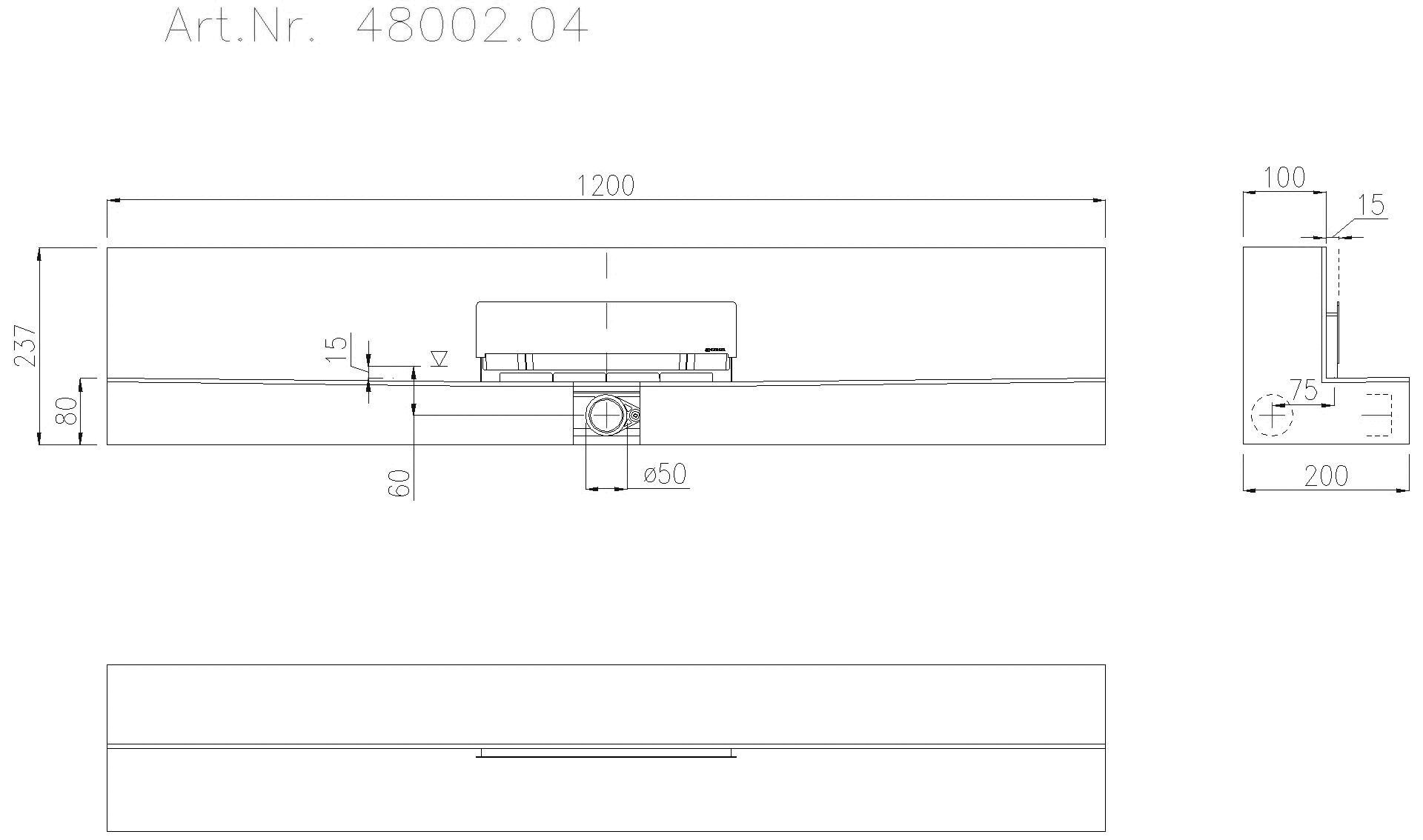 KESSEL-Einbauboard Wandablauf Scada 1200mm, mAbd Edelstahl, Fliese bis 17 mm