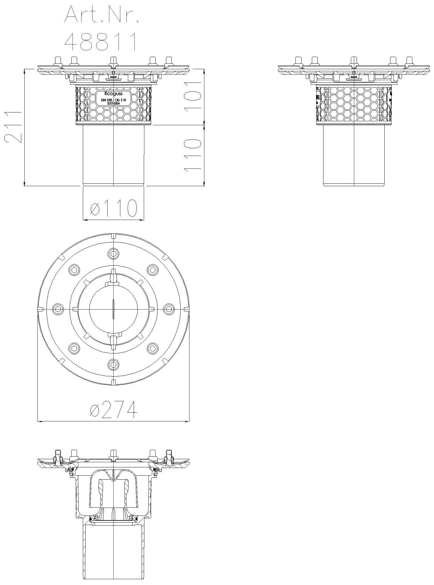 KESSEL-Grundkörper Ecoguss Pressfl., DN 100, Auslauf senkrecht
