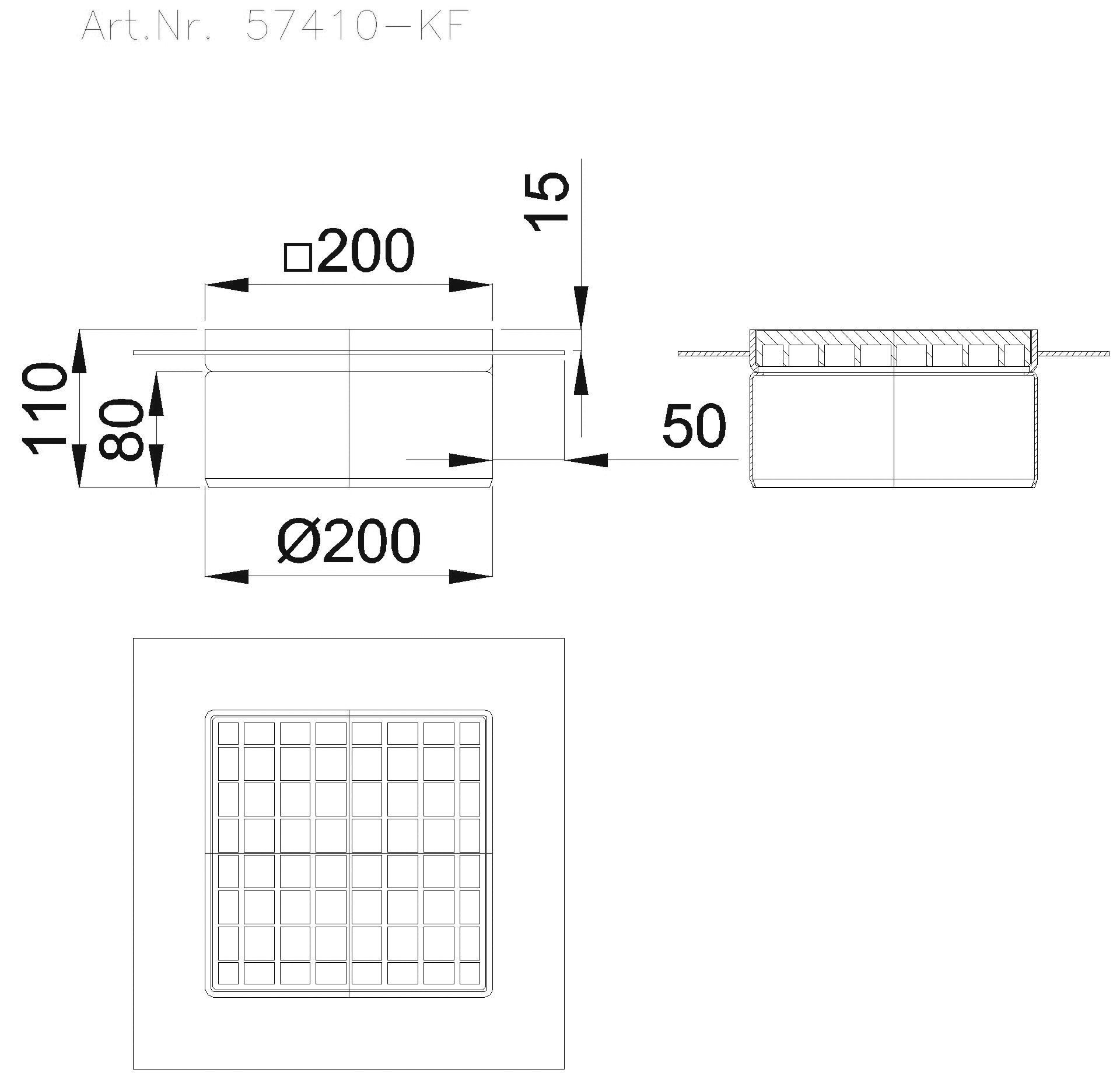 KESSEL-Aufsatzstück Ferrofix Klebefl. Sys 200, Gitterrost, V2A, 200 x 200 mm