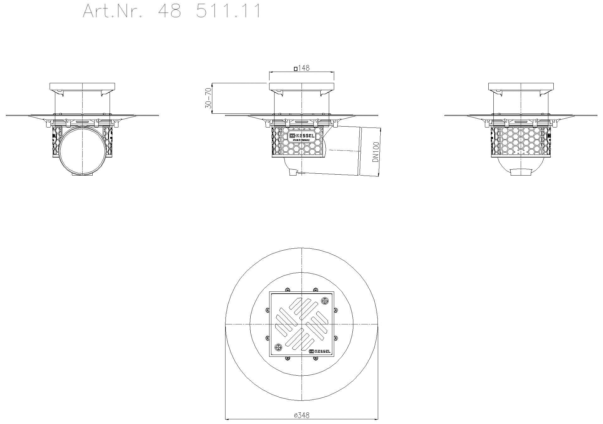 KESSEL-Objektablauf Ecoguss Klebeflansch DN 100, seitlich, Schlitzrost
