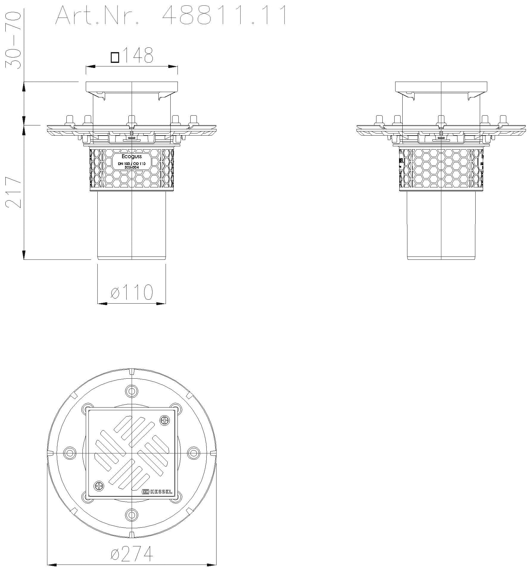 KESSEL-Objektablauf Ecoguss Pressfl. DN 100, senkrecht, Schlitzrost