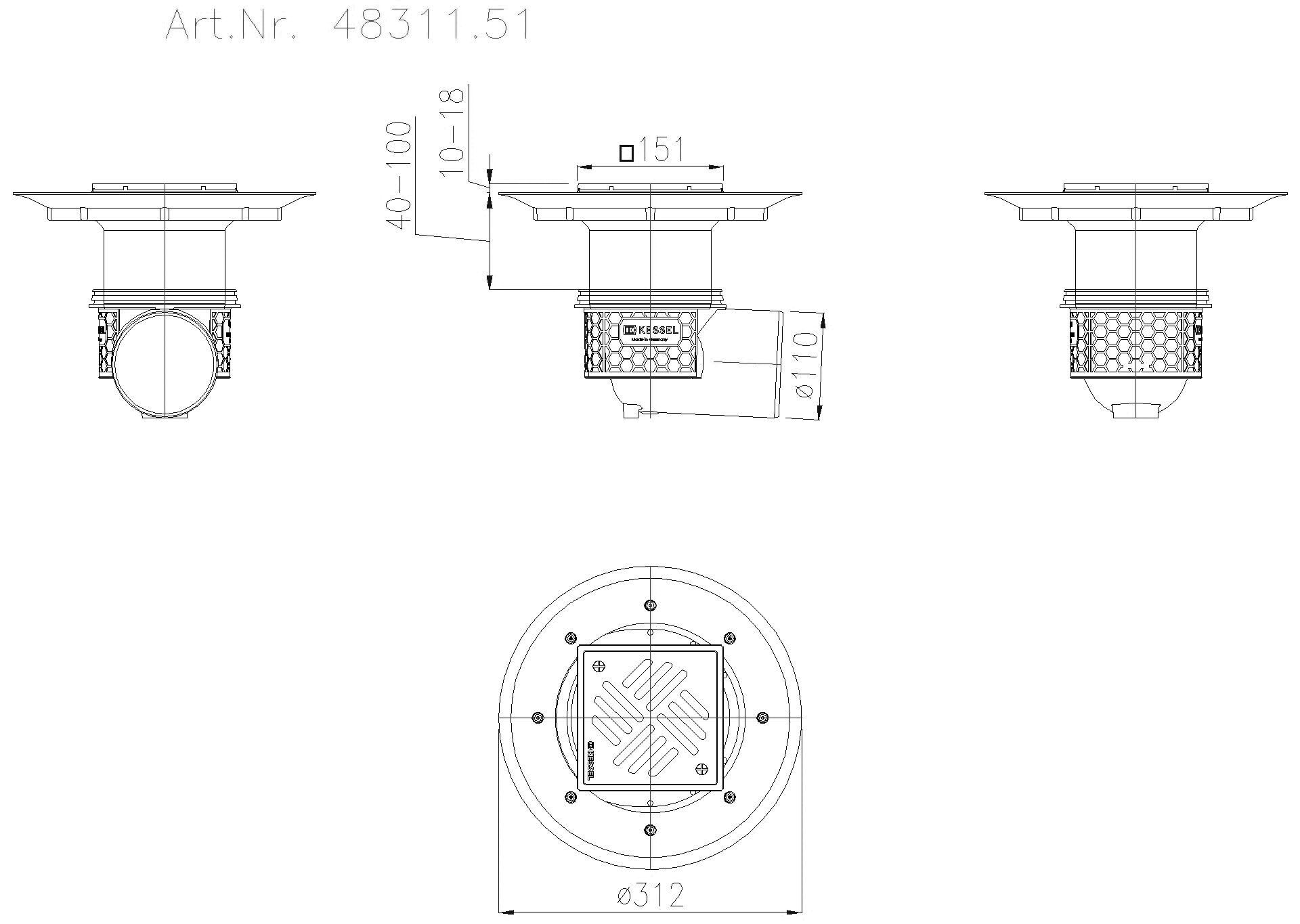 KESSEL-Boden-/Deckenablauf Ecoguss DN 100, seitl., Variofix, Schlitzrost
