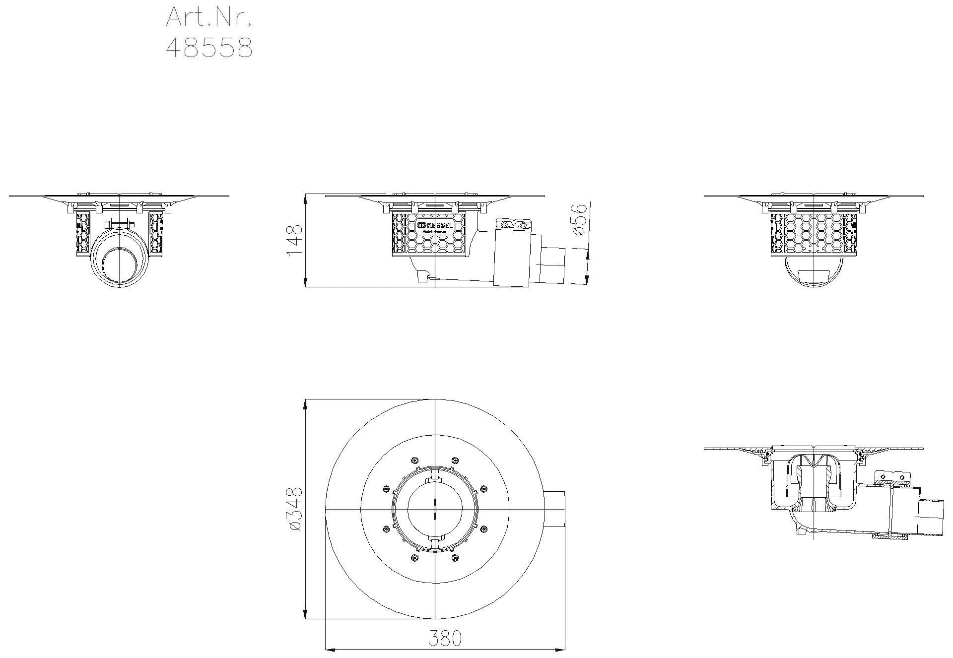 KESSEL-Grundkörper Ecoguss Klebeflansch, DN 50, Auslauf seitlich
