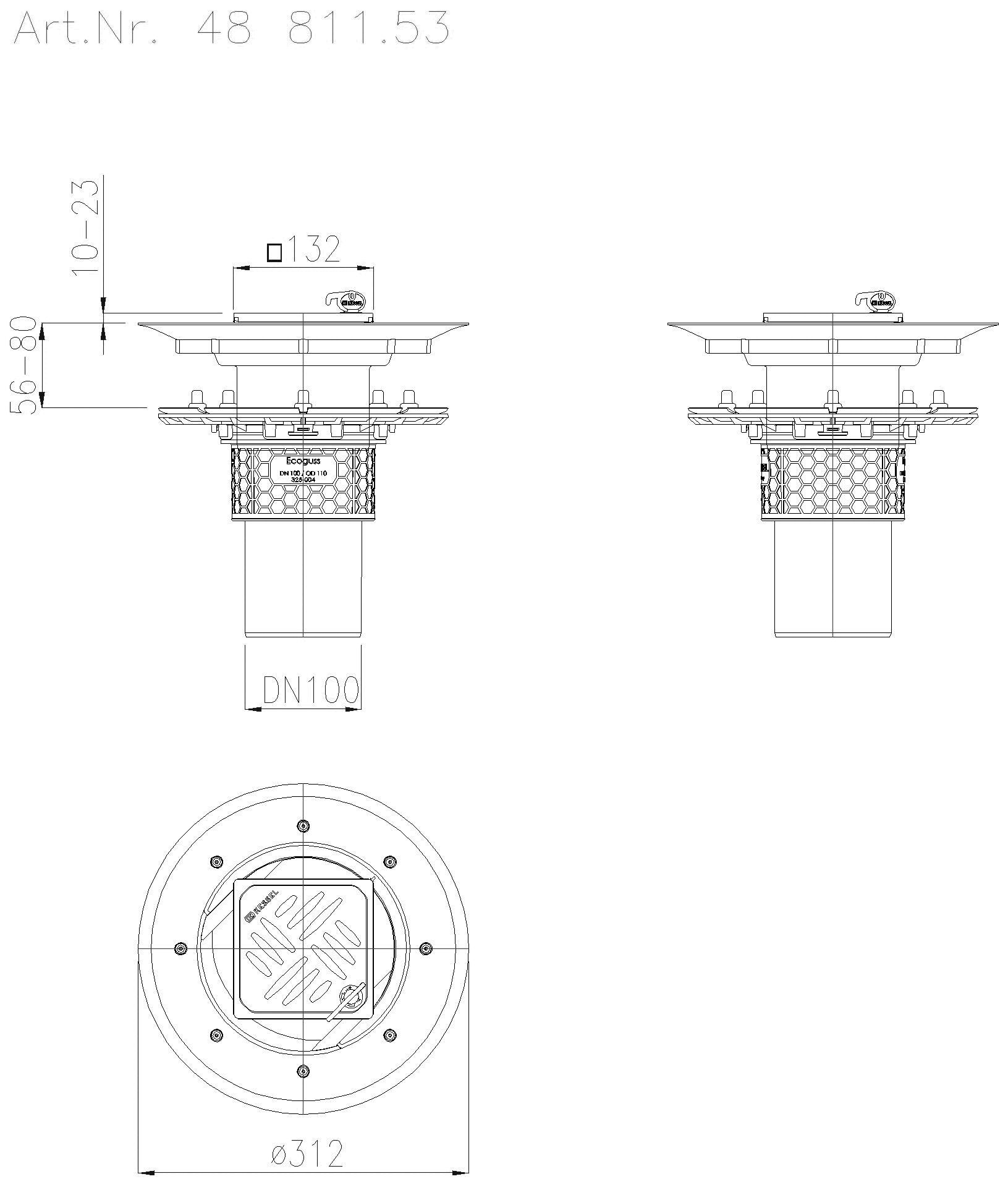 KESSEL-Objektablauf Ecoguss Pressfl. DN 100, senkr., Dünnbett., Designrost
