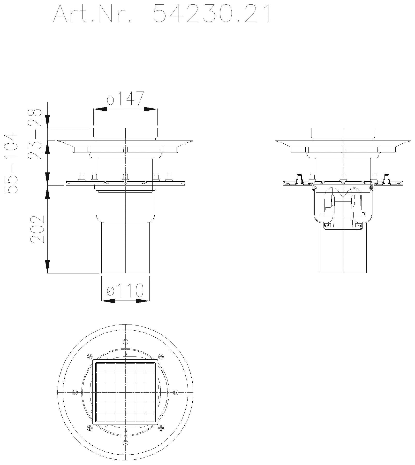 KESSEL-Ablauf Ferrofix Pressfl. DN100,senkr.,Gitter,ABS Dünnbett.138x138