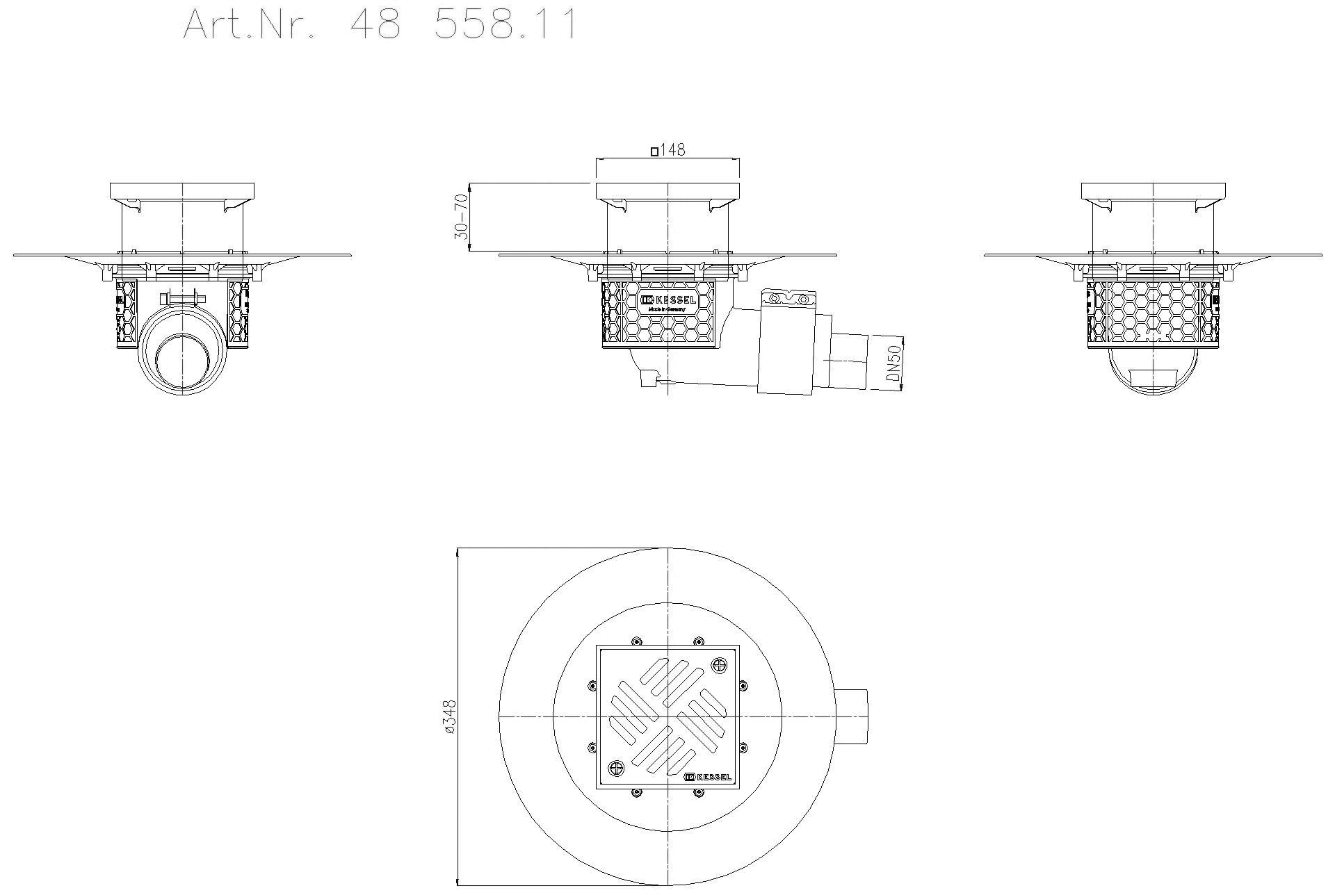 KESSEL-Objektablauf Ecoguss Klebeflansch DN 50, seitlich, Schlitzrost