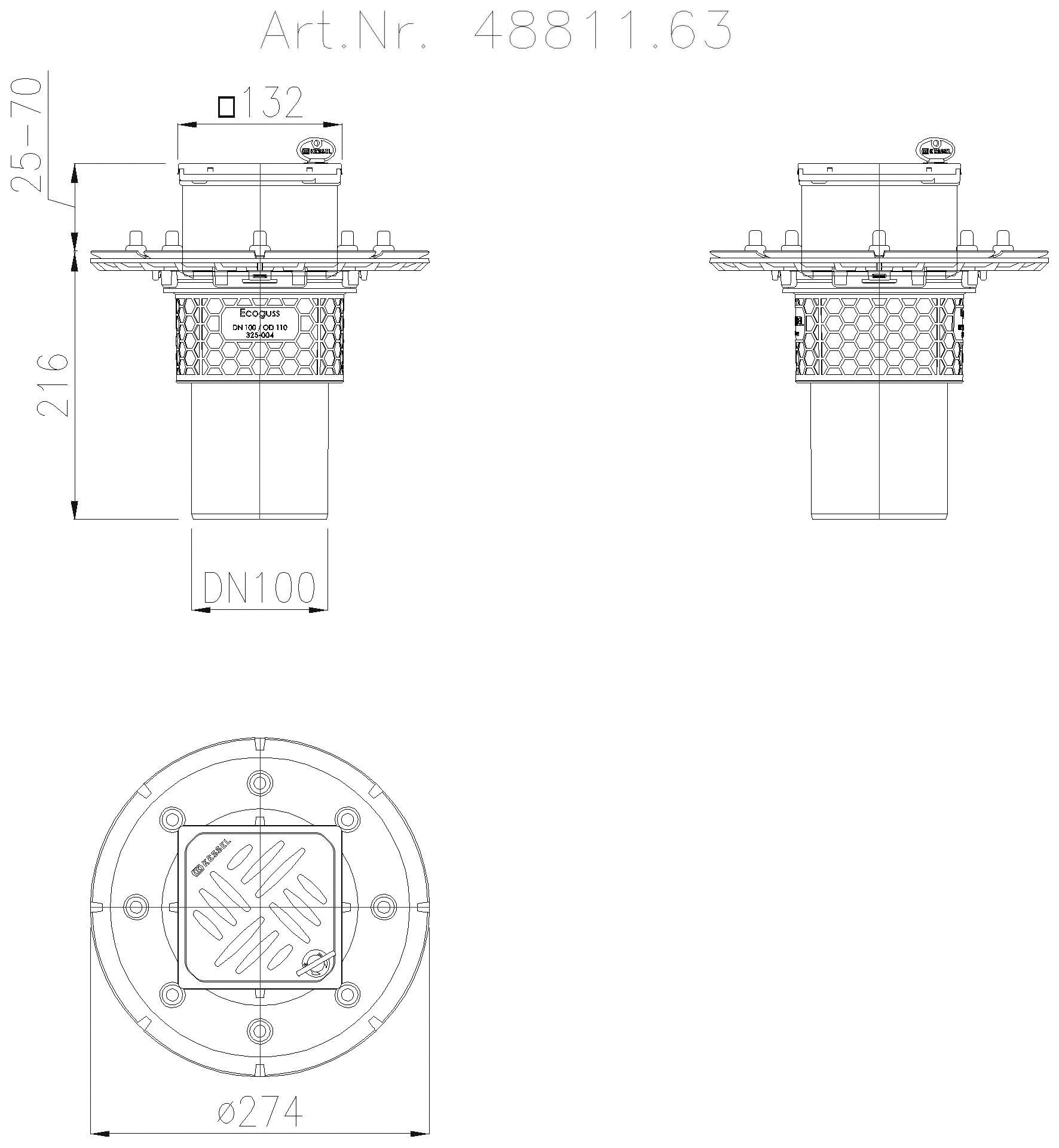 KESSEL-Objektablauf Ecoguss Pressfl. DN 100, senkrecht, Designrost