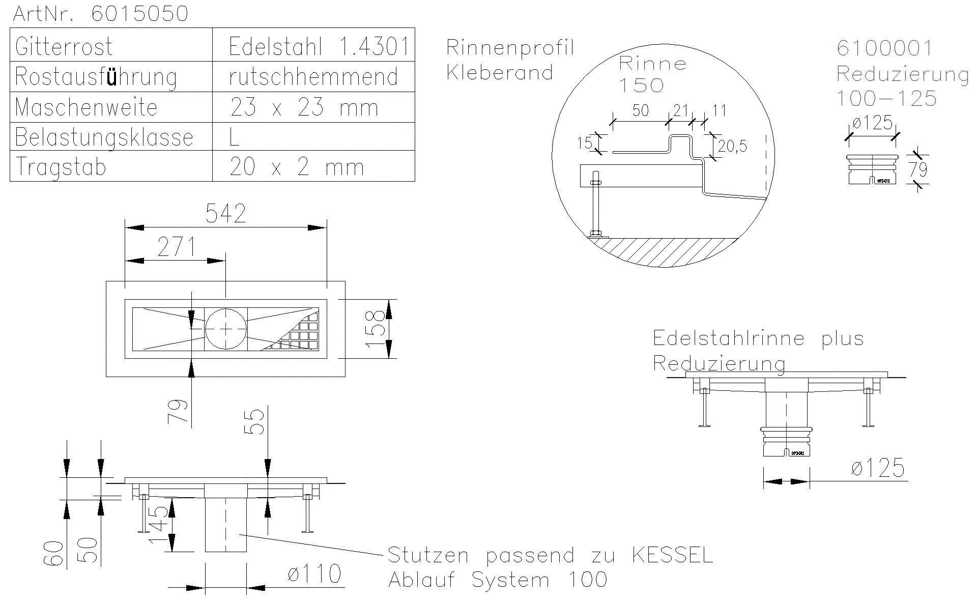 KESSEL-Kastenrinne Ferrofix Klebeflansch H: 15 mm, 153 x 511 mm