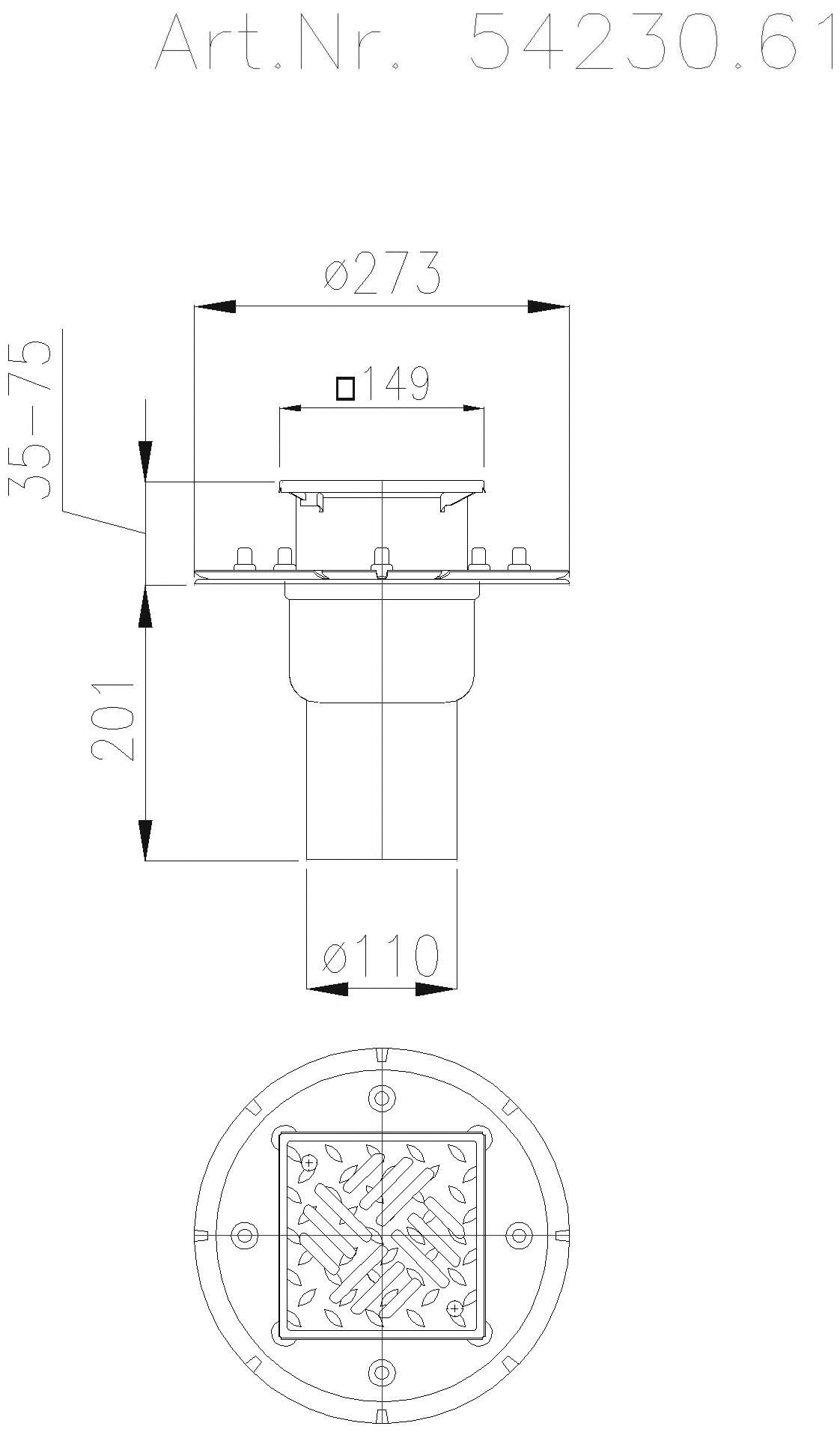 KESSEL-Ablauf Ferrofix Pressfl. DN100,senkr.,Schlitzr,ABS Aufsst.138x138