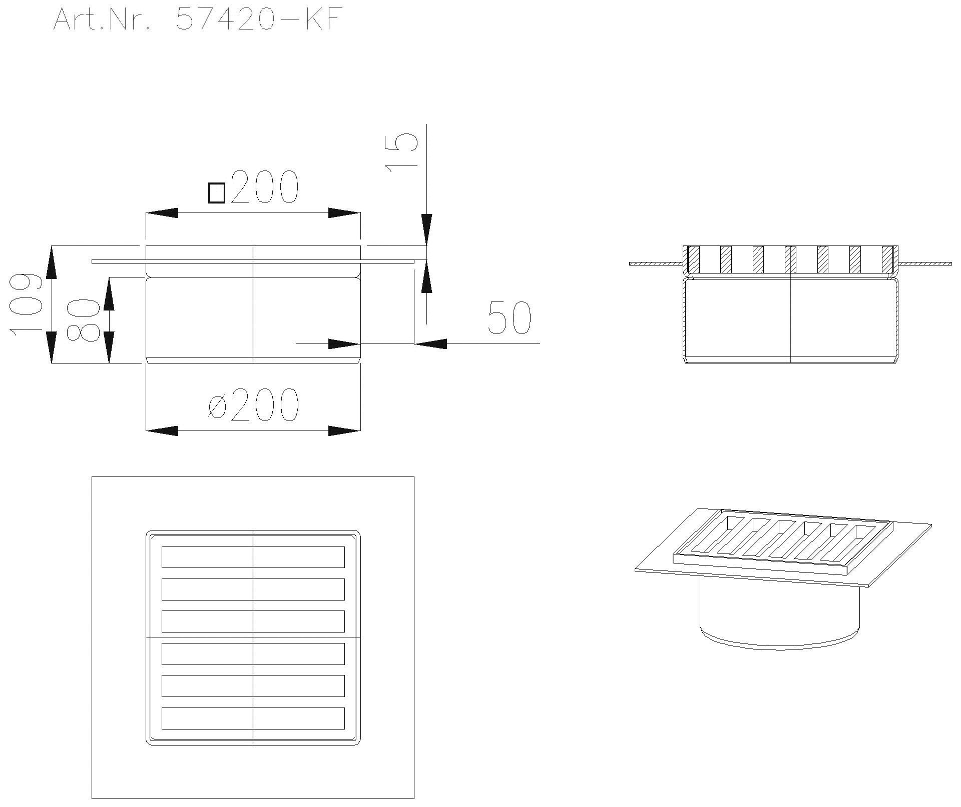 KESSEL-Aufsatzstück Stegrost V2A, 200x200mm, Klebeflansch
