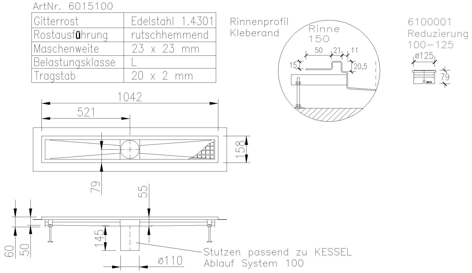 KESSEL-Kastenrinne Ferrofix Klebeflansch H: 15 mm, 153 x 1011 mm