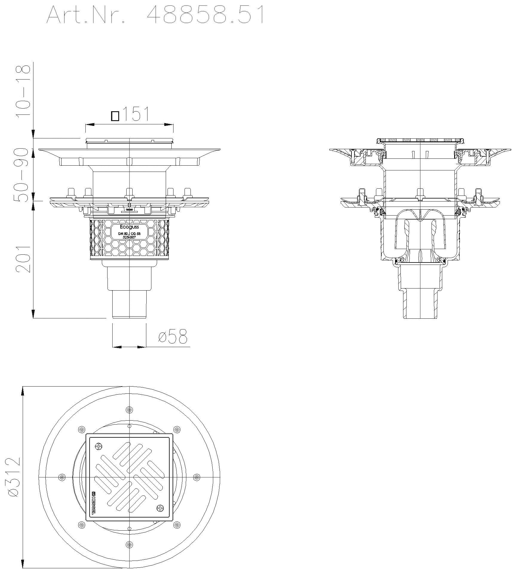 KESSEL-Bodenablauf Ecoguss Pressfl. DN 50, senkr., Variofix, Schlitzrost