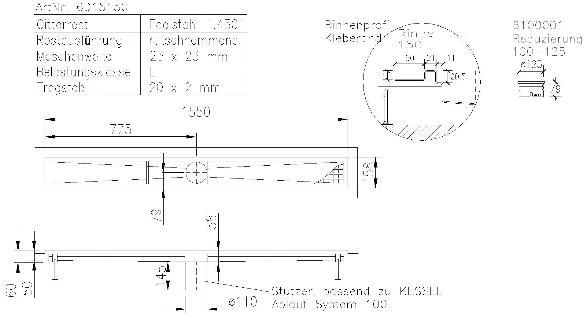 KESSEL-Kastenrinne Ferrofix Klebeflansch H: 15 mm, 153 x 1511 mm