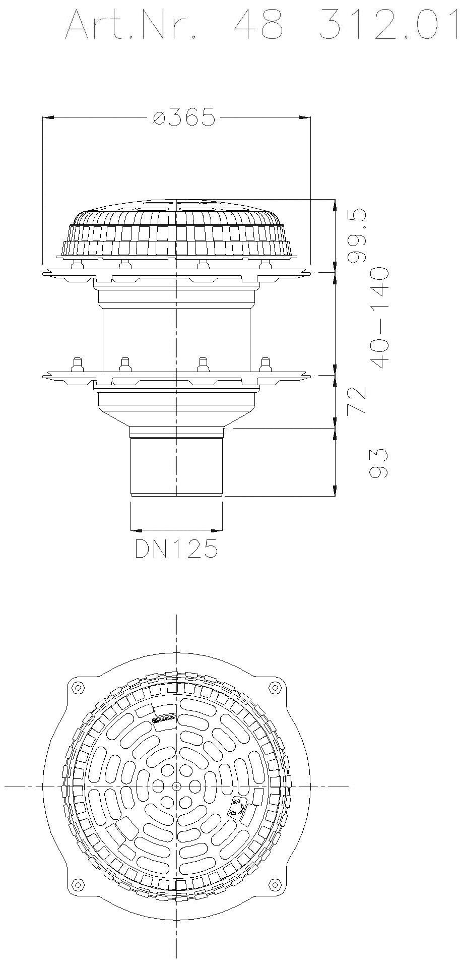 KESSEL-Flachdachablauf Pressfl., WU-Beton, DN 125, ohne Heizung