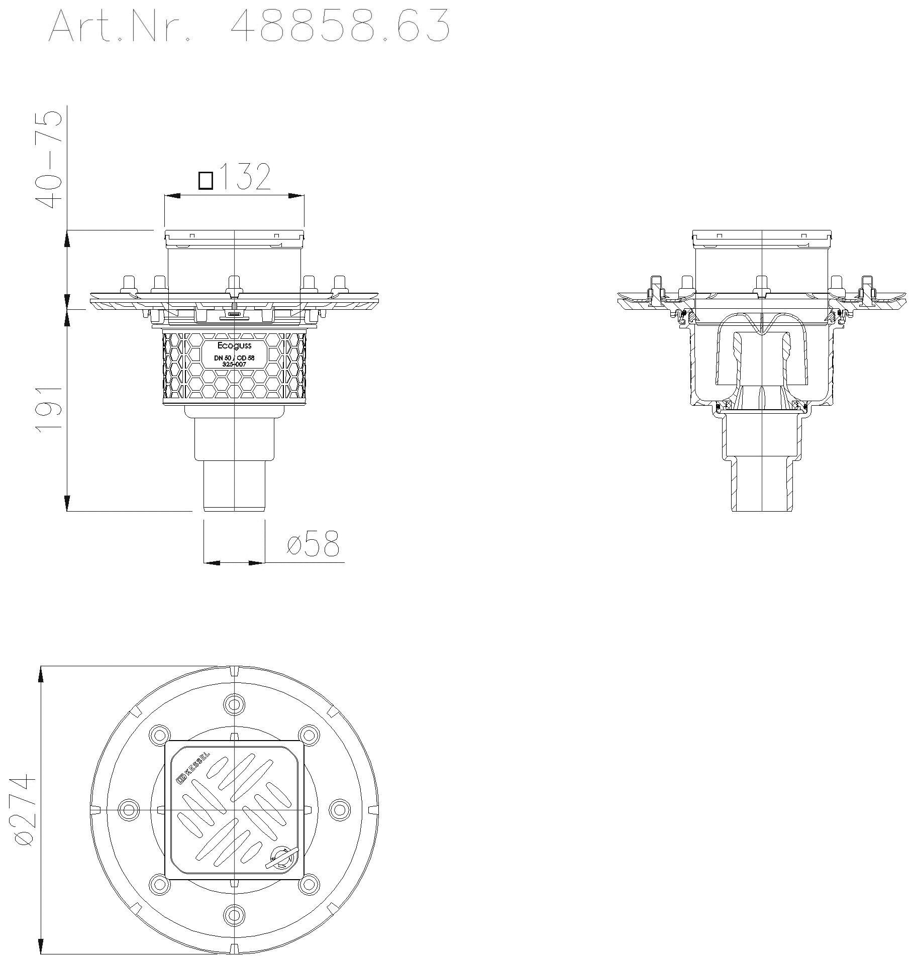 KESSEL-Objektablauf Ecoguss Pressfl. DN 50, senkrecht, Designrost