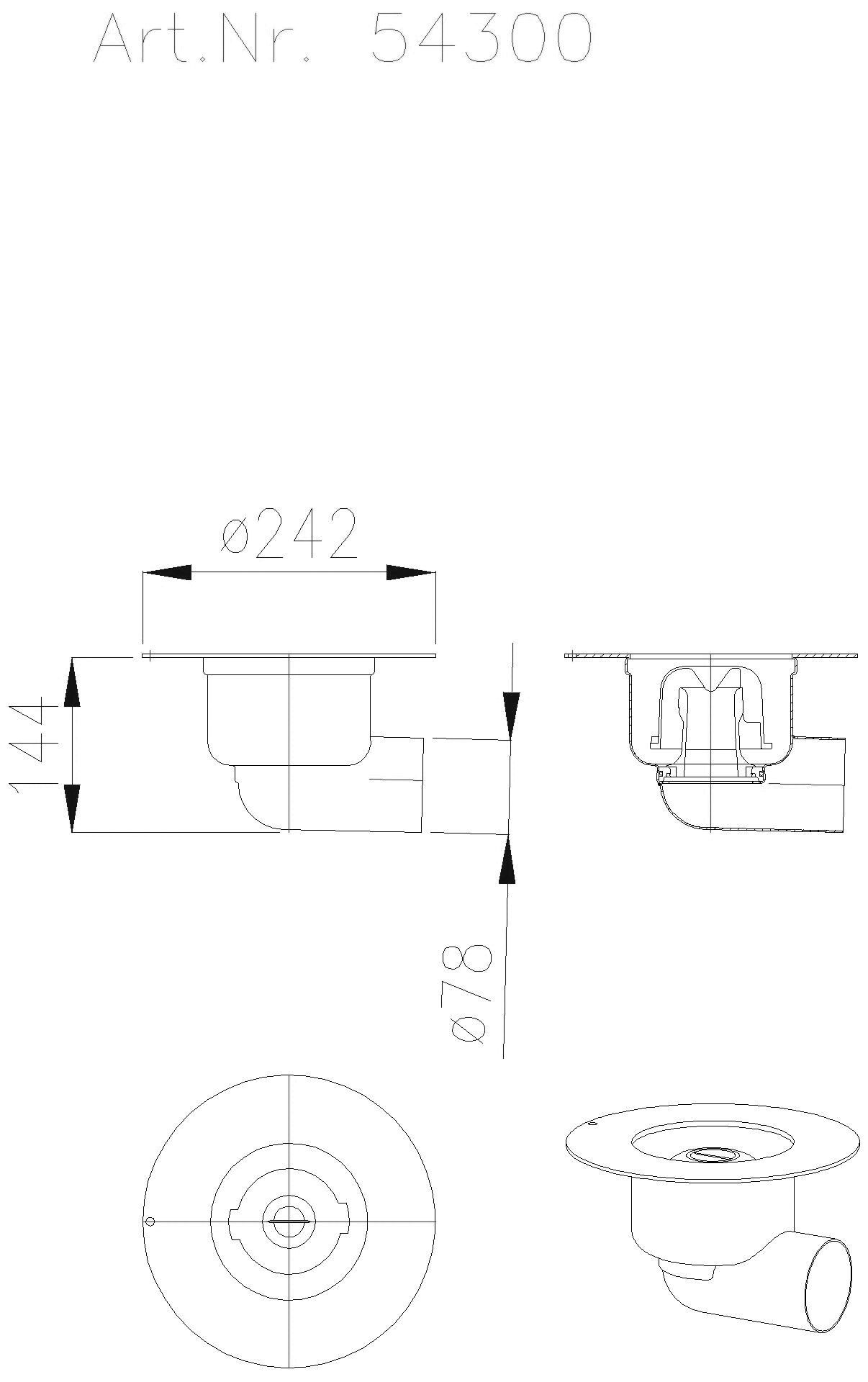 KESSEL-Ablauf Ferrorix DN70, waagrecht, Kleberand