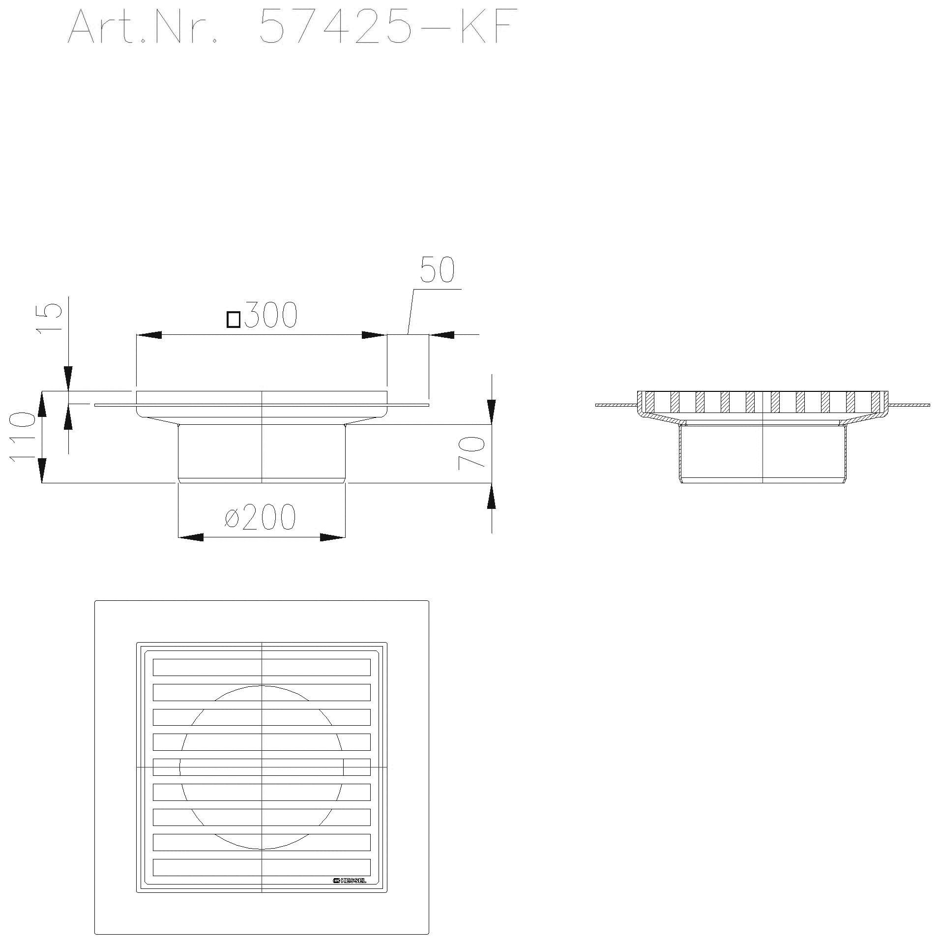 KESSEL-Aufsatzstück Stegrost V2A, 300x300mm, Klebeflansch