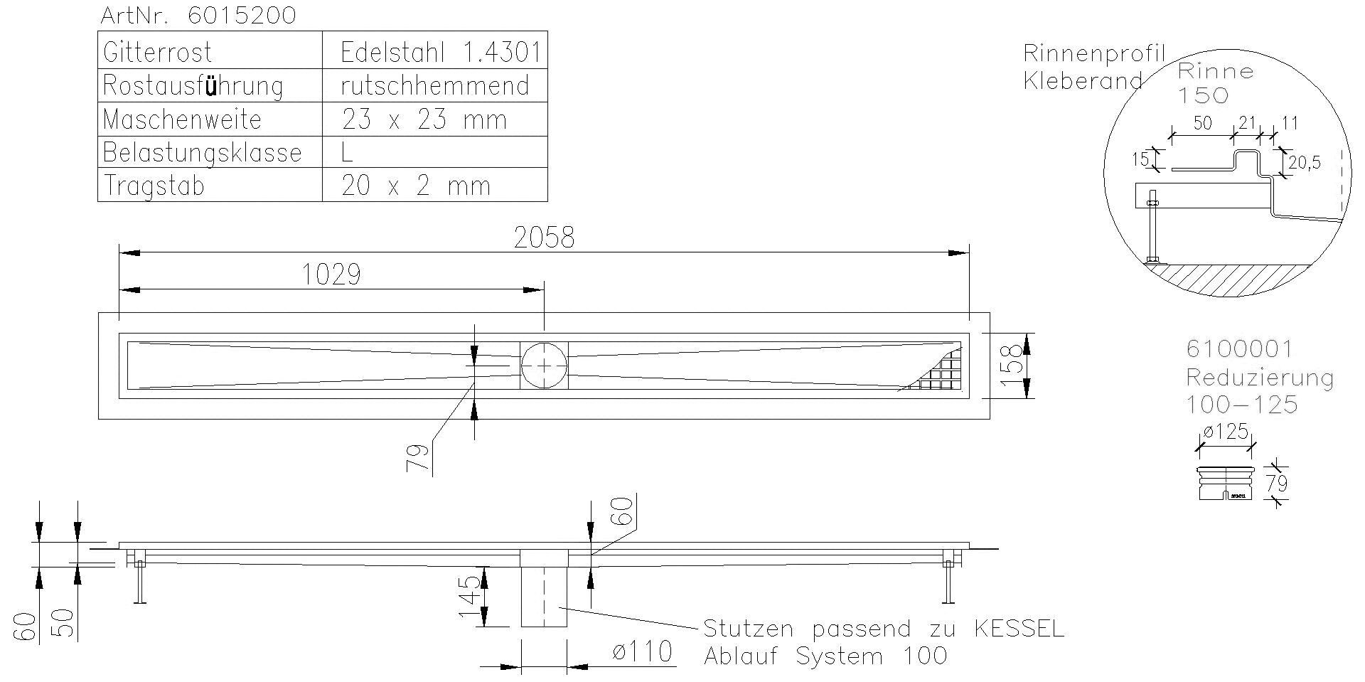 KESSEL-Kastenrinne Ferrofix Klebeflansch H: 15 mm, 153 x 2011 mm