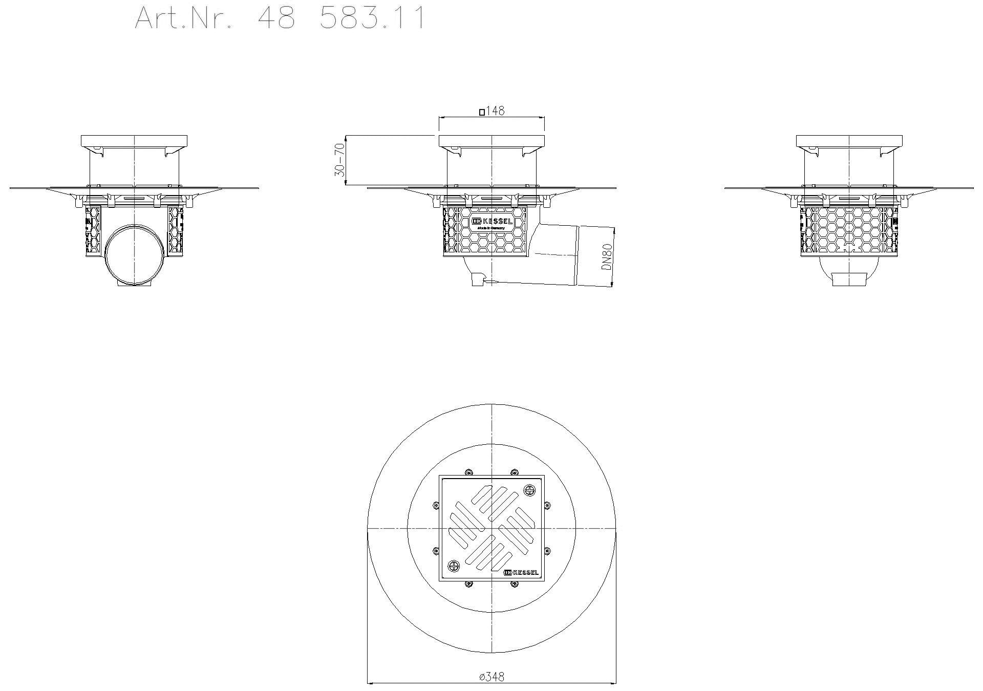 KESSEL-Objektablauf Ecoguss Klebeflansch DN 80, seitlich, Schlitzrost
