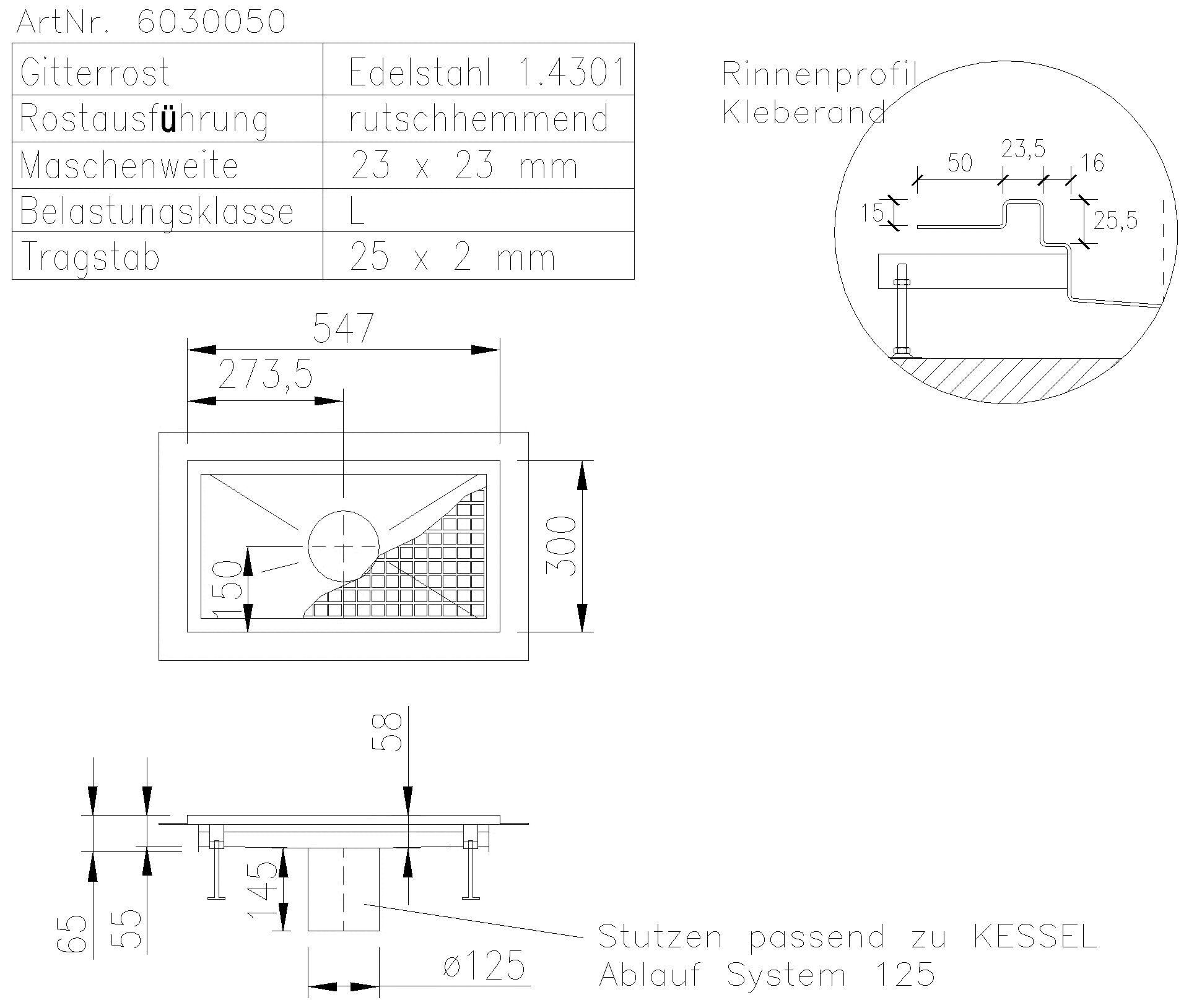 KESSEL-Kastenrinne Ferrofix Klebeflansch H: 15 mm, 300 x 550 mm