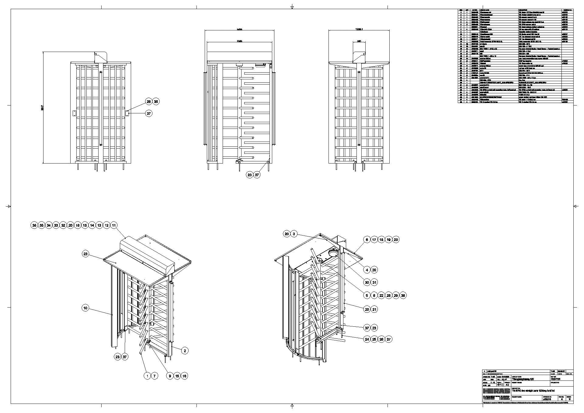 Drehkreuz B700-Gerader Arm verzinkt im Vollbad- Technische Zeichnung