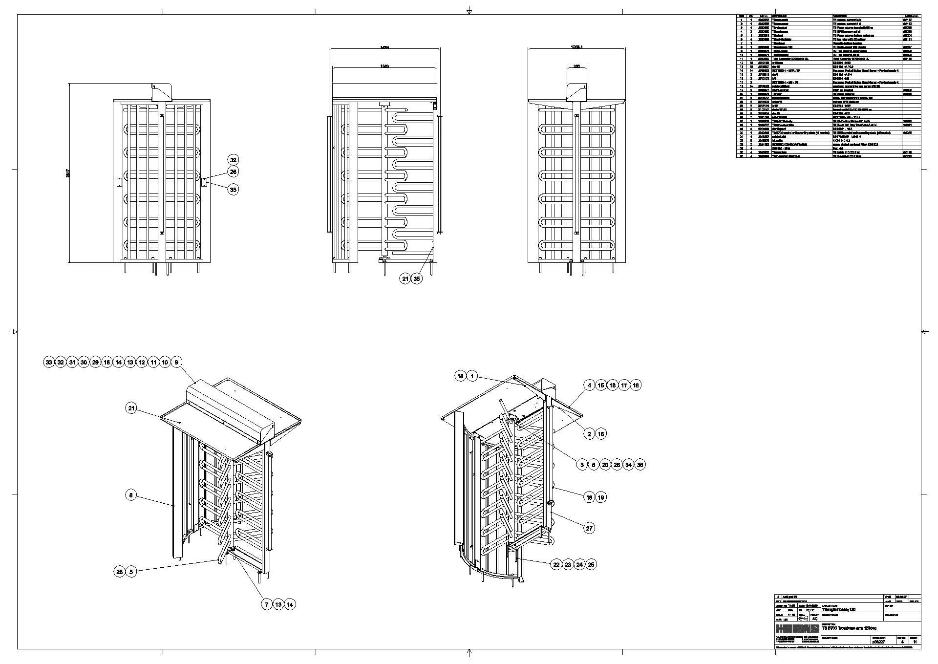 Drehkreuz B700-Posaunen Arm verzinkt im Vollbad- Technische Zeichnung