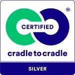 Zertifizierungssiegel für Cradle to Cradle mit grafischen Elementen in Blau und Grün