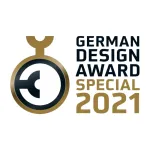 Logo des German Design Award 2021 mit stilisierten grafischen Elementen und goldenen Akzenten