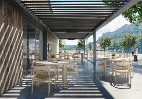 Terrasse mit Holzverkleidung, Stahlstützen und Blick auf die Landschaft