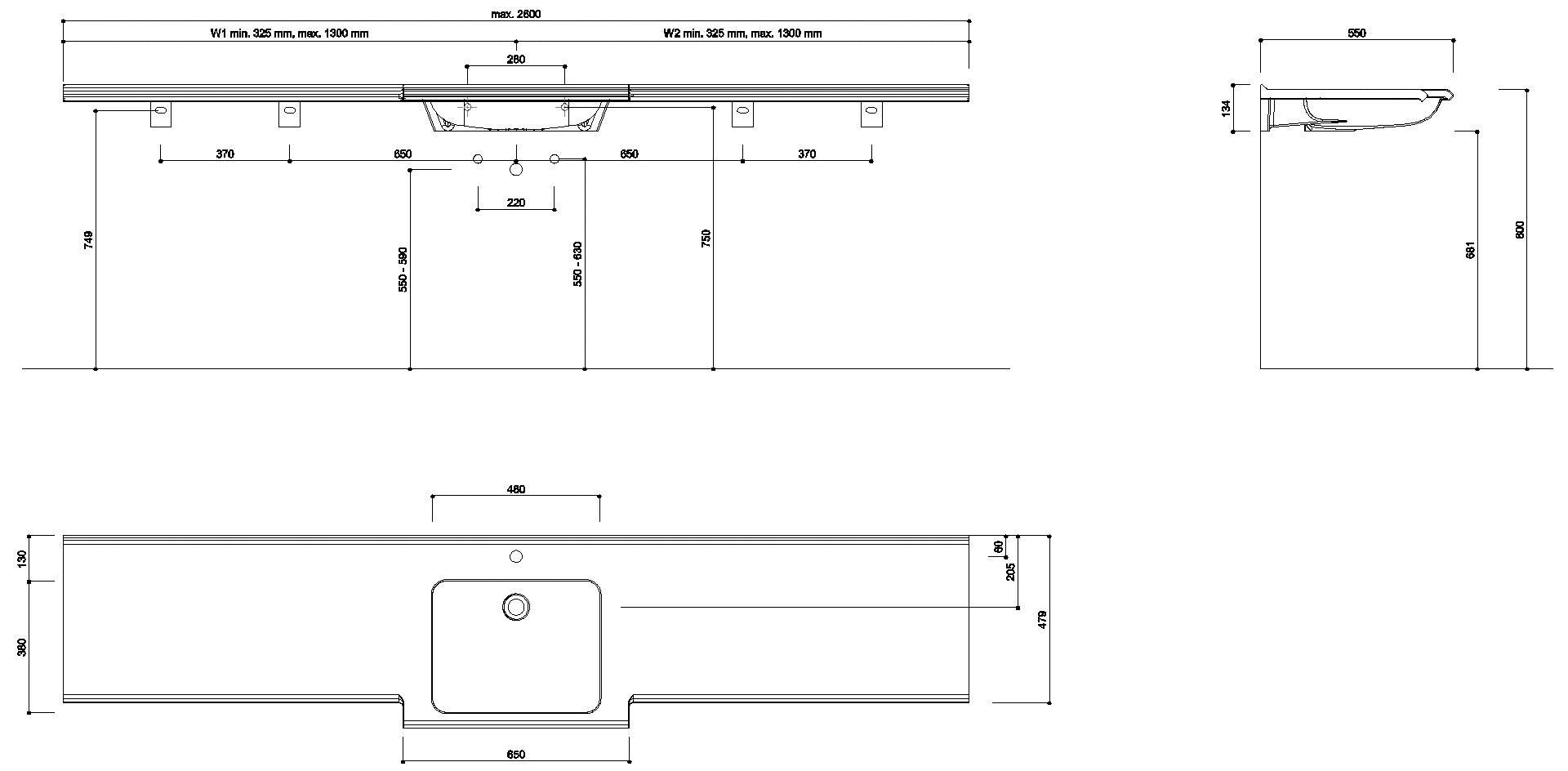 HEWI Waschtisch S-Form, modular ohne Überlauf, var. 850-2600mm, 1 HL