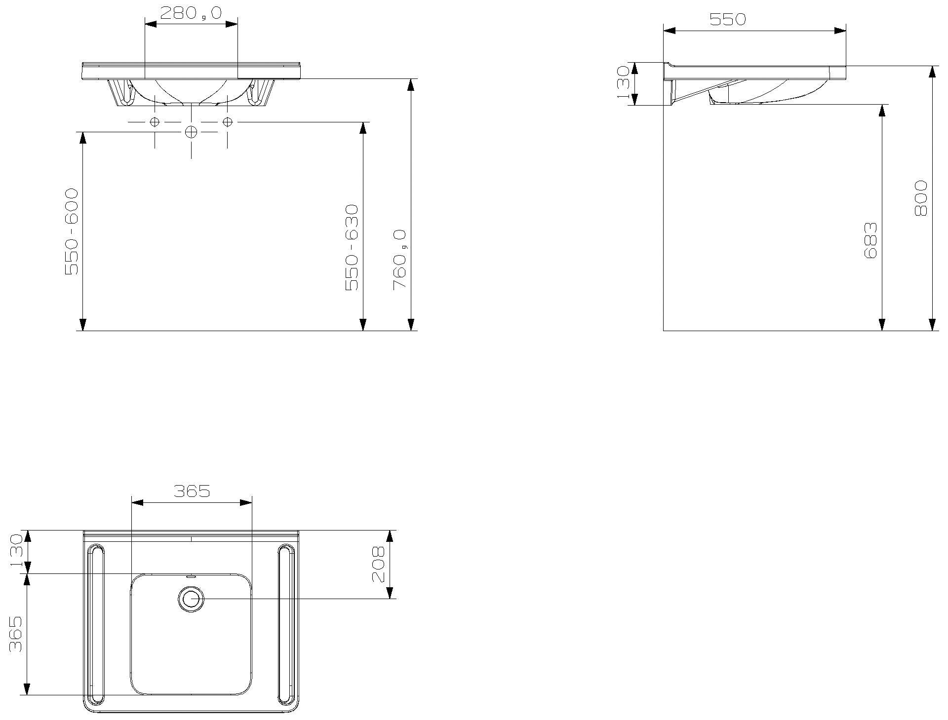 HEWI Waschtisch, Schwallkante, o. HL mit Überlauf, eckige Mulde, 650x550mm