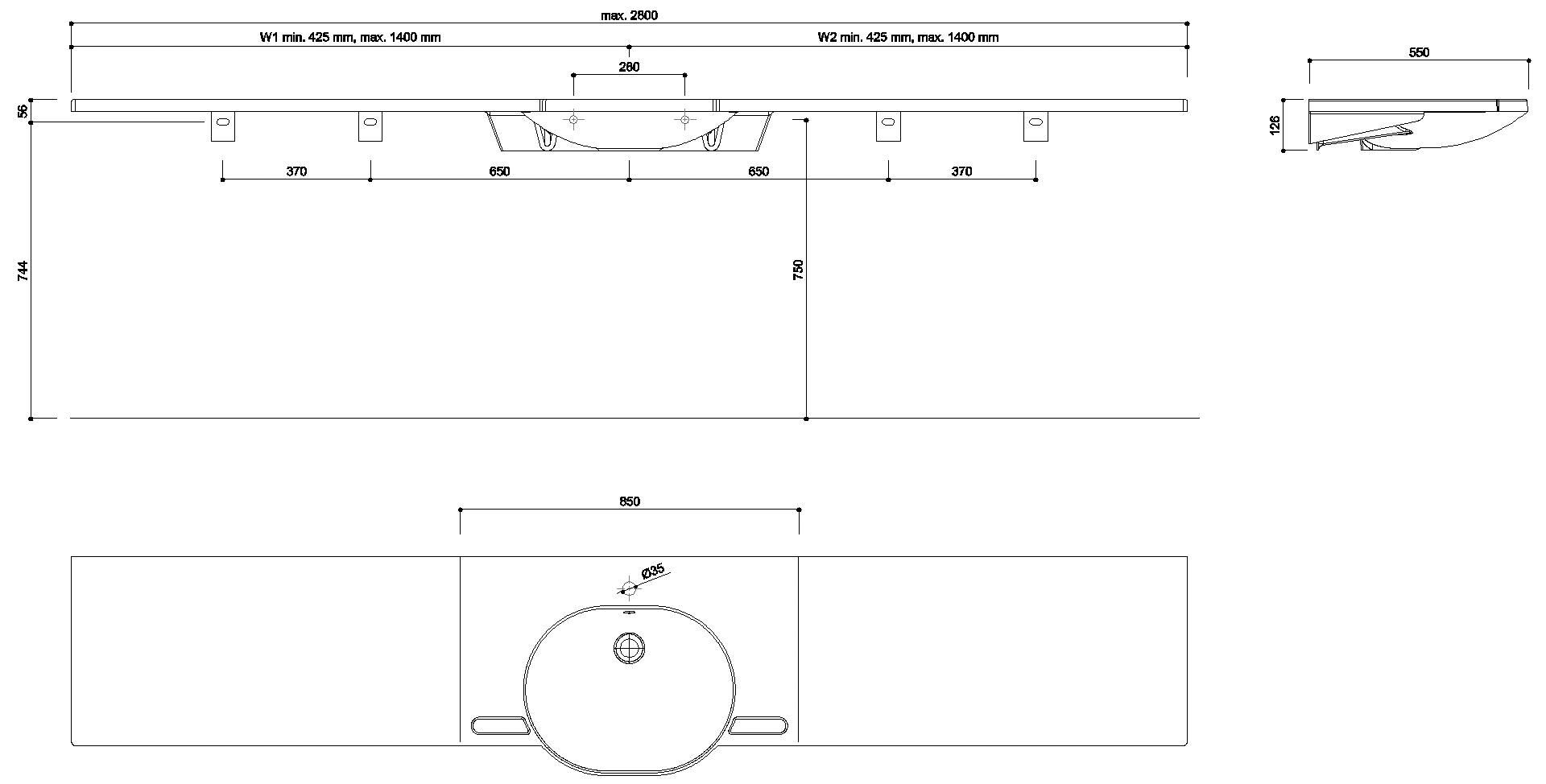 HEWI Waschtisch, var.850-2800mm, T:550 alpinweiß, mit Überlauf, 1 HL