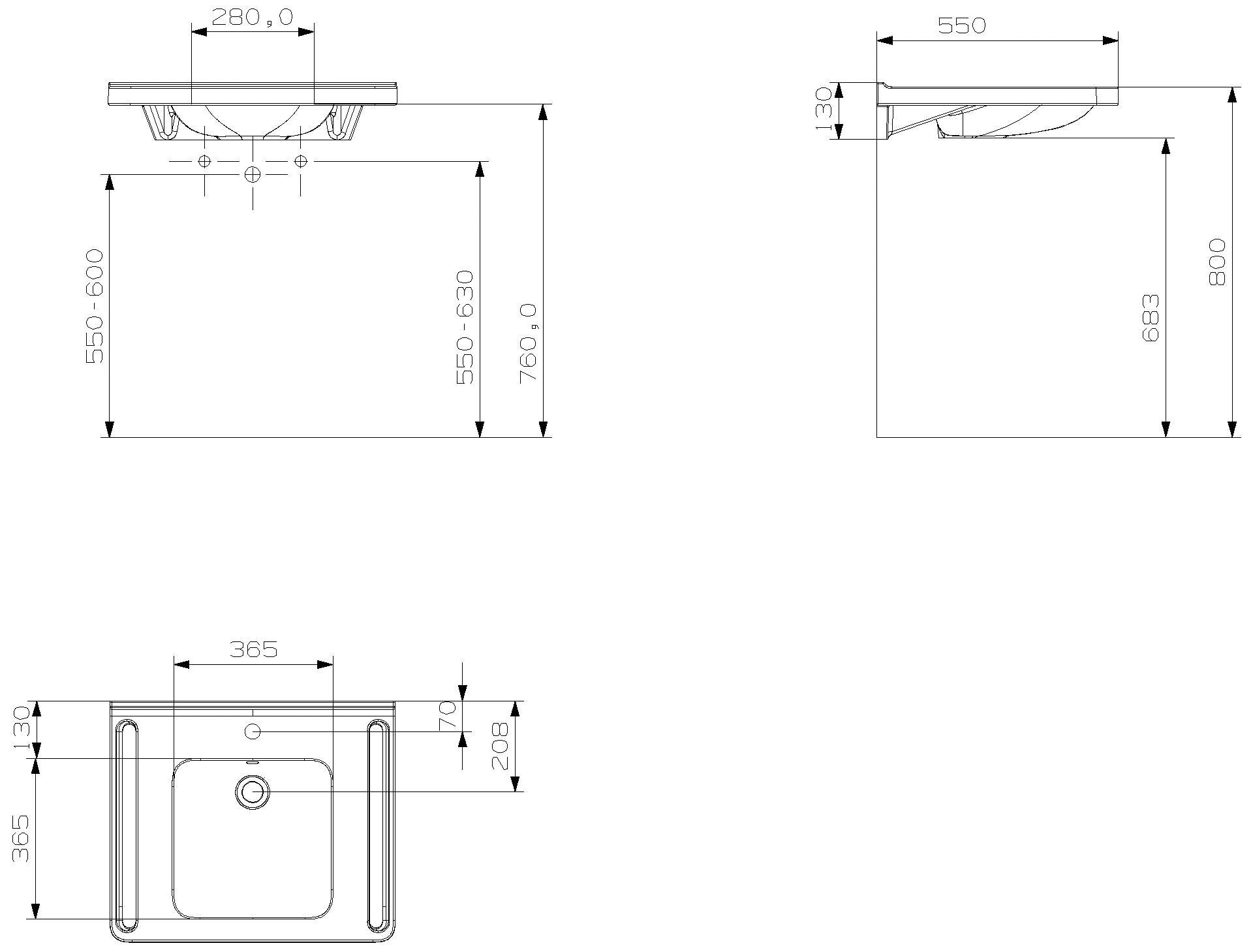 HEWI Waschtisch, Schwallkante, 1 HL mit Überlauf, eckige Mulde, 650x550mm