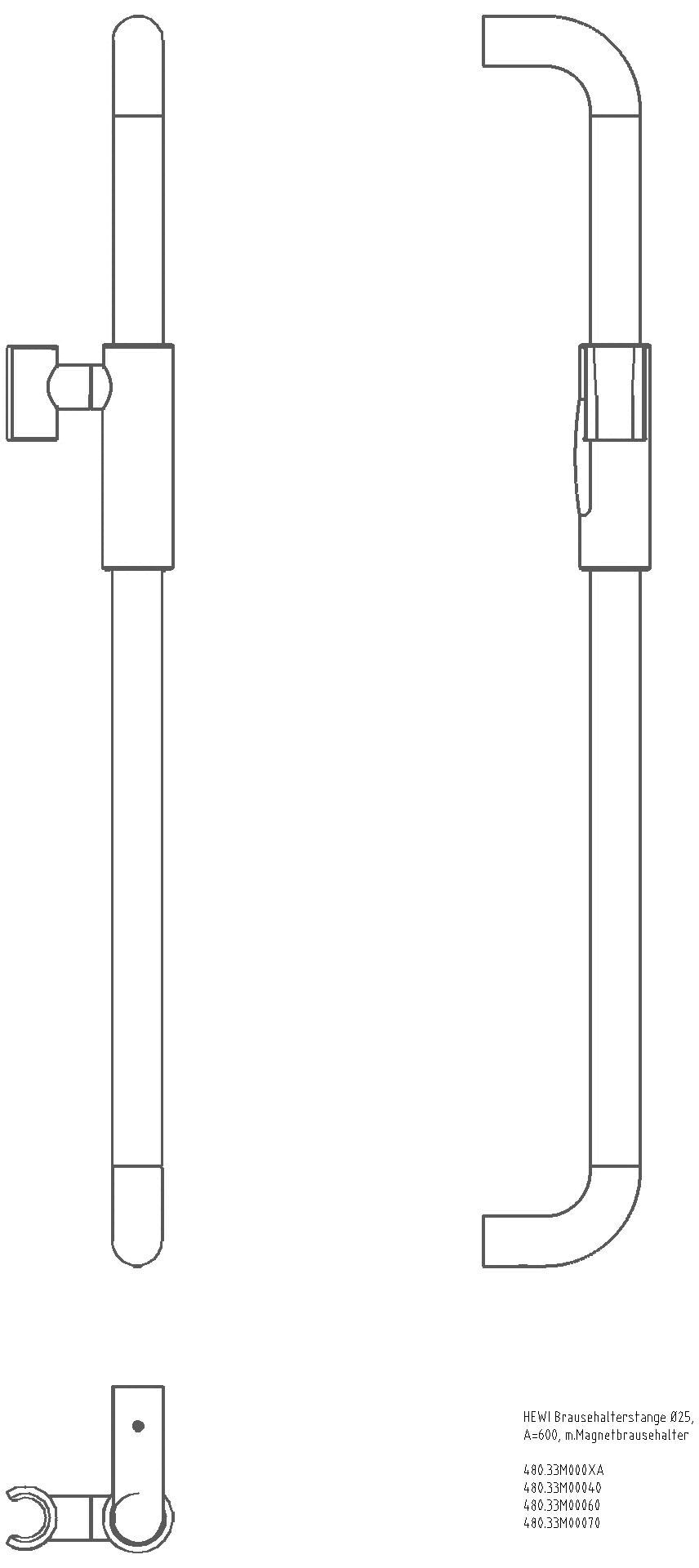 HEWI Brausehalterstange, d:25, L:600, plvb, Br.H.mag schw tiefmatt