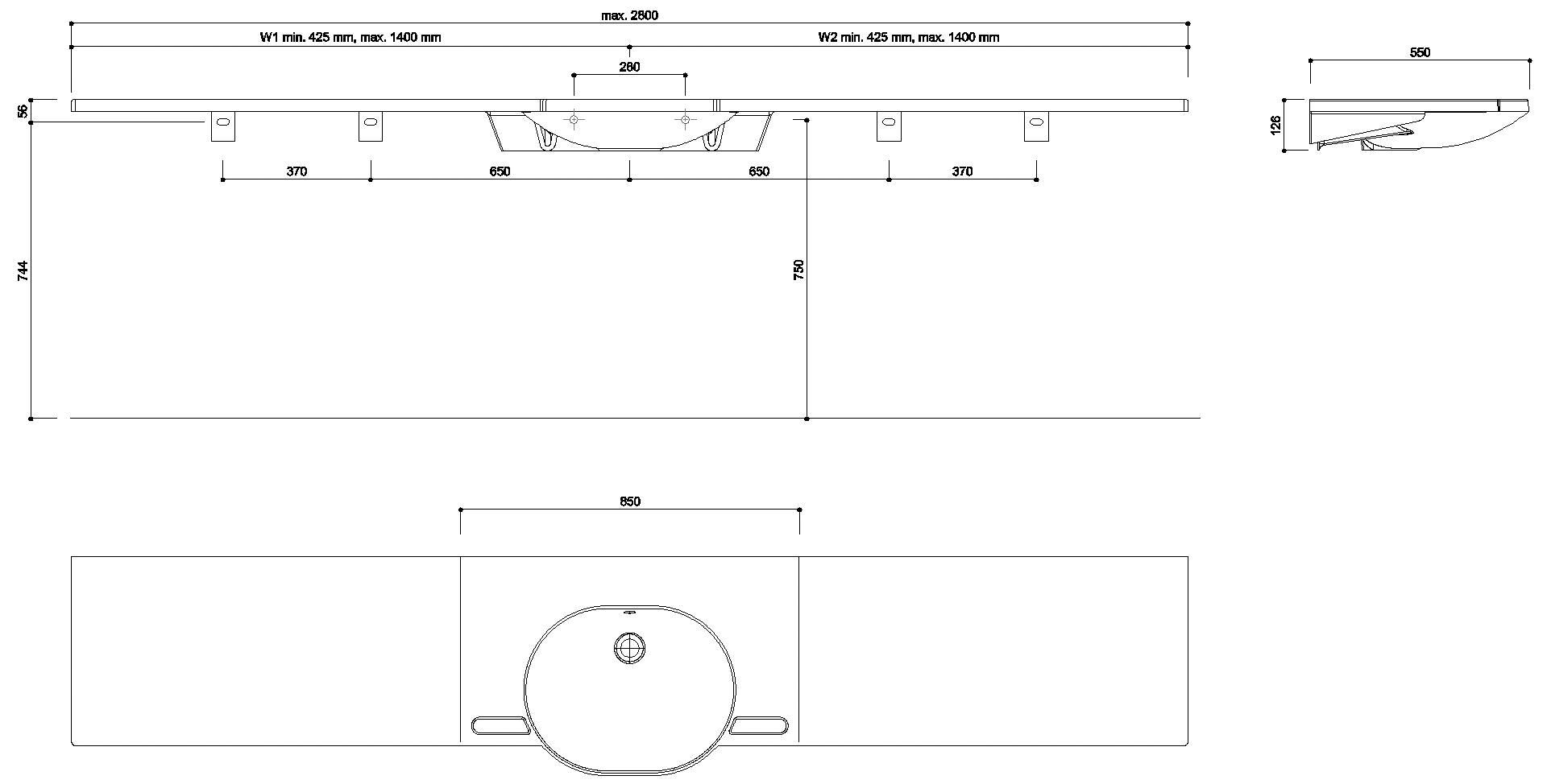 HEWI Waschtisch, var.850-2800mm, T:550 alpinweiß, mit Überlauf, ohne Hahnloch