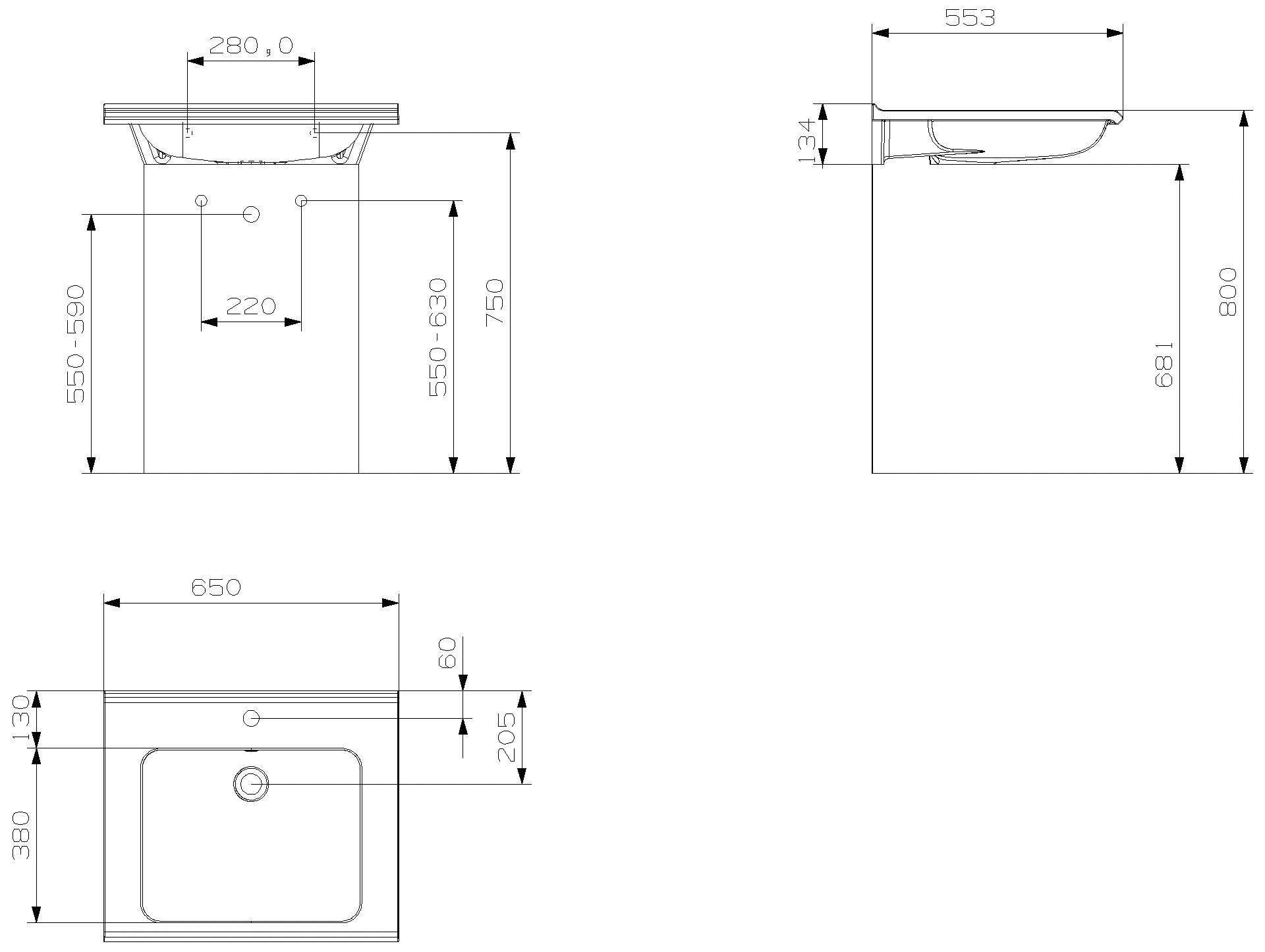 HEWI Waschtisch S-Form, modular mit Überlauf, 650x550mm, 1 HL
