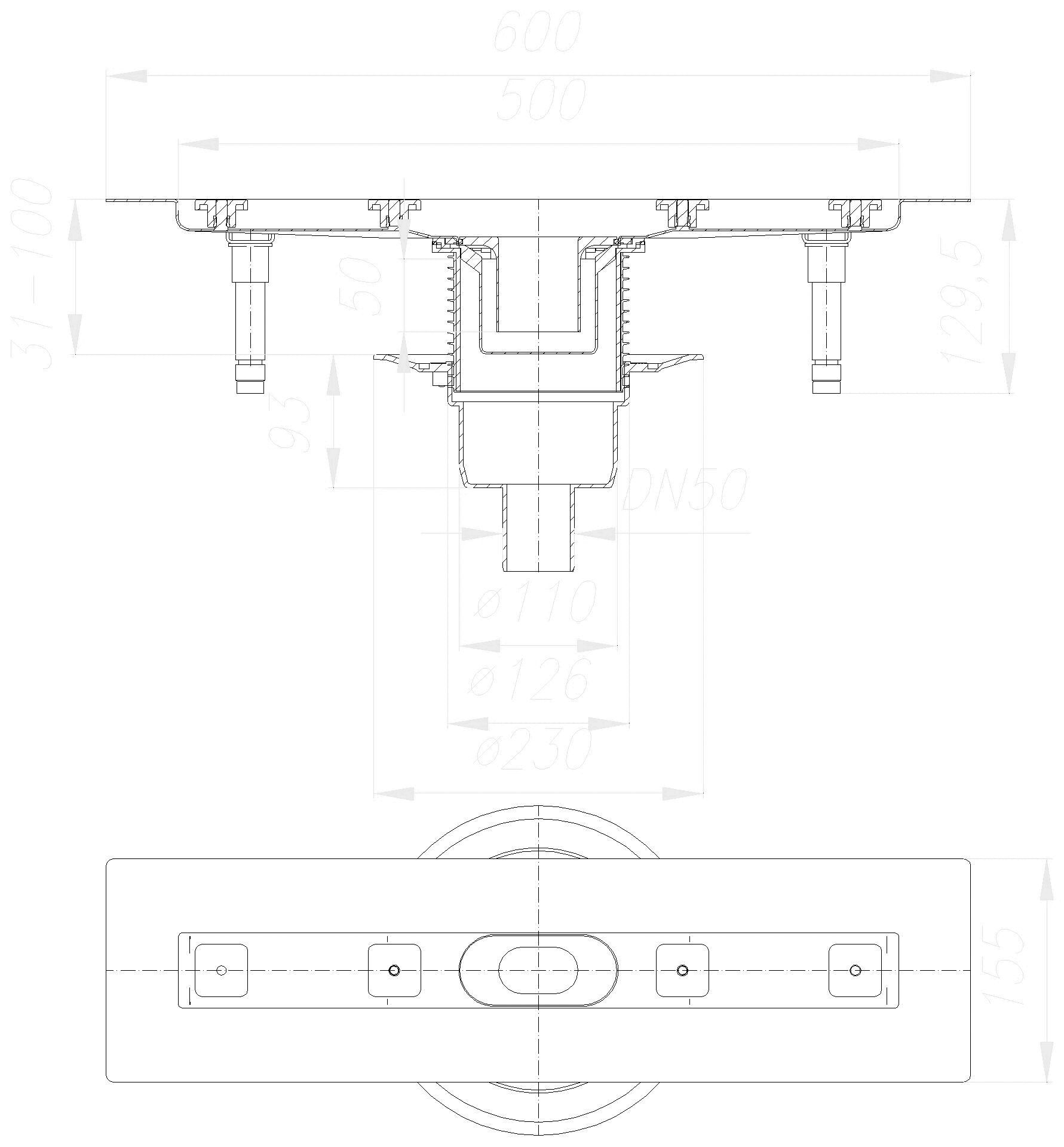 DALLMER Duschrinne CeraLine senkr. F 500 mm, DN 50