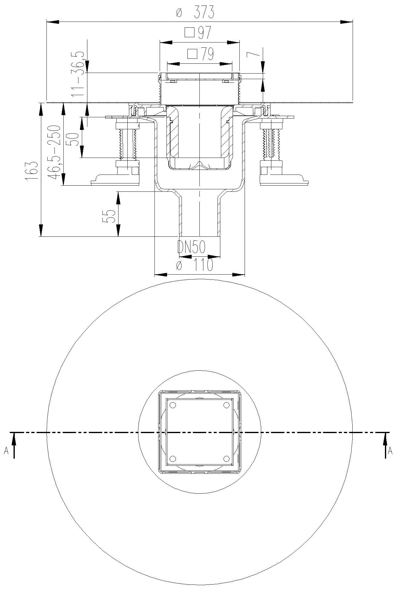 DALLMER Bodenablauf DallDrain Individ. senkr., DN50/DN100, 100x100mm