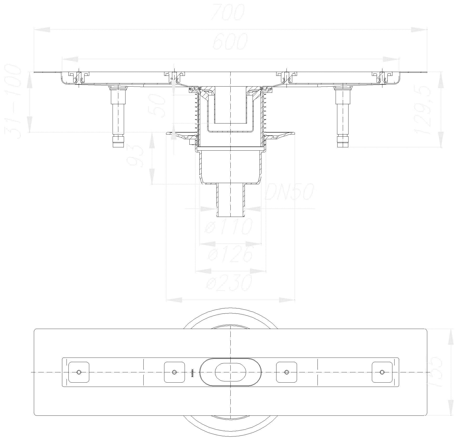 DALLMER Duschrinne CeraLine senkr. F 600 mm, DN 50